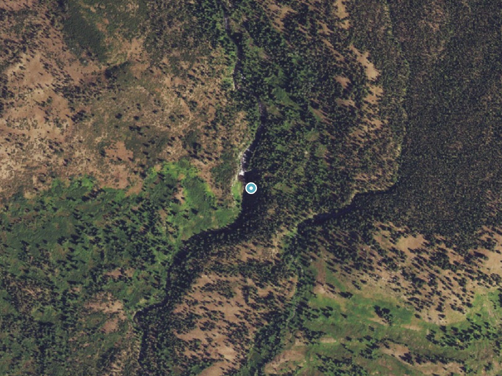 Aerial photo of the same ground around Dunanda Falls near Alta, Wyoming, for comparison with the lidar view