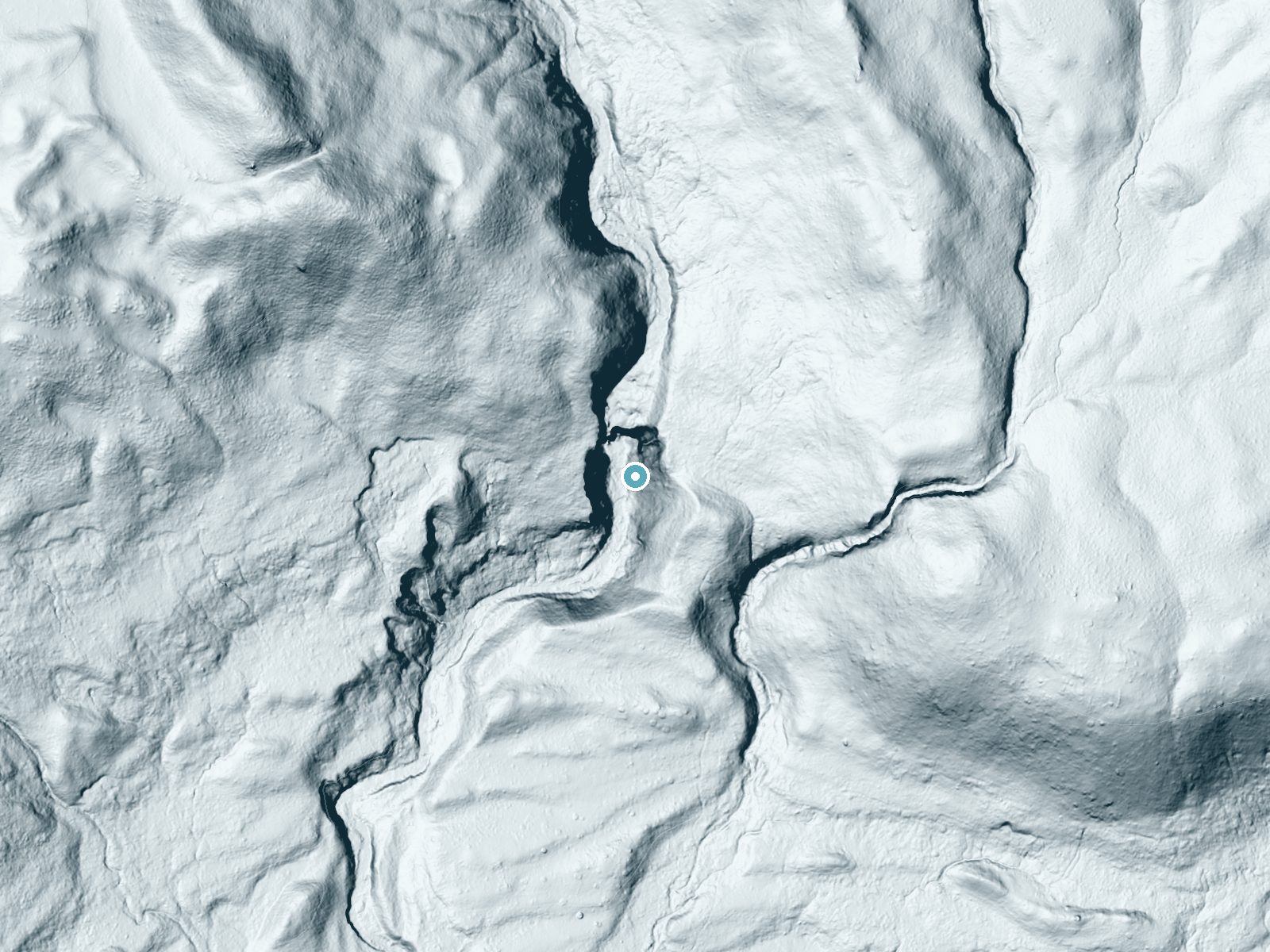 LiDAR bare-earth terrain around Dunanda Falls near Alta, Wyoming, showing about 189 feet of drop, a steep tiered drop, facing southwest