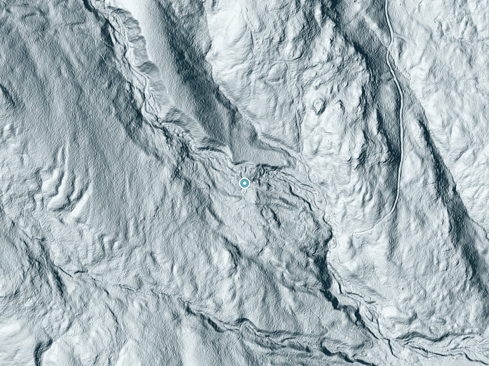 LiDAR bare-earth terrain around Brickett Falls near North Conway, New Hampshire, showing about 88 feet of drop, a long cascade, facing east