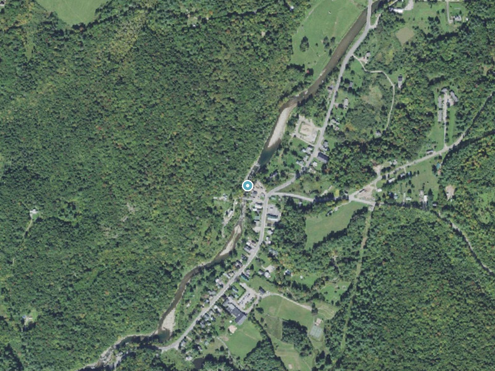 Aerial photo of the same ground around Moretown Falls near Waterbury Center, Vermont, for comparison with the lidar view