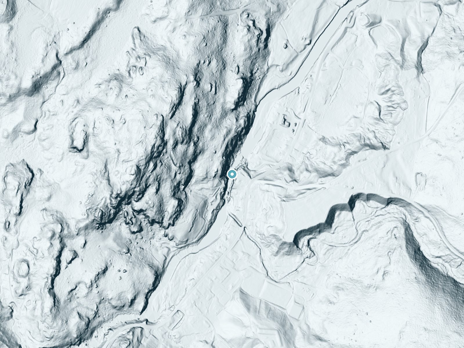 LiDAR bare-earth terrain around Moretown Falls near Waterbury Center, Vermont, showing about 121 feet of drop, a steep tiered drop, facing east