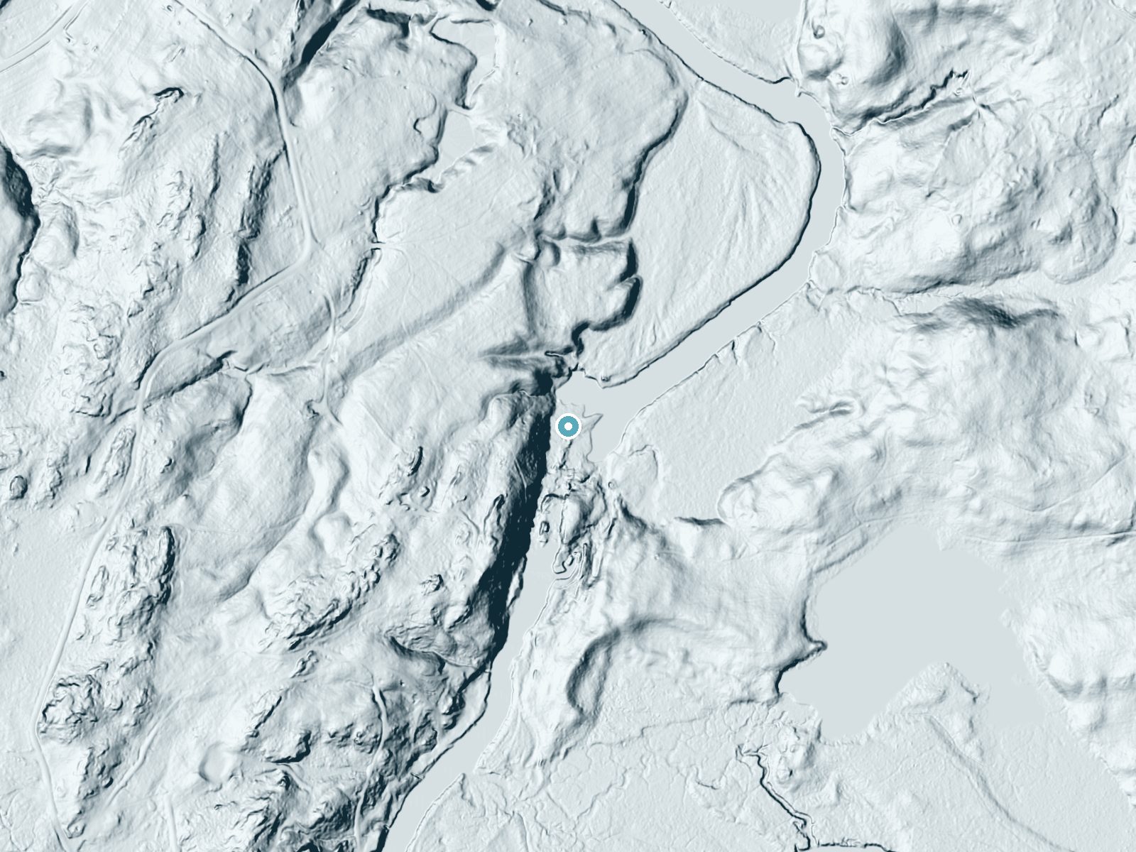 LiDAR bare-earth terrain around Hazleton Falls near Hailesboro, New York, showing about 76 feet of drop, a steep tiered drop, facing east