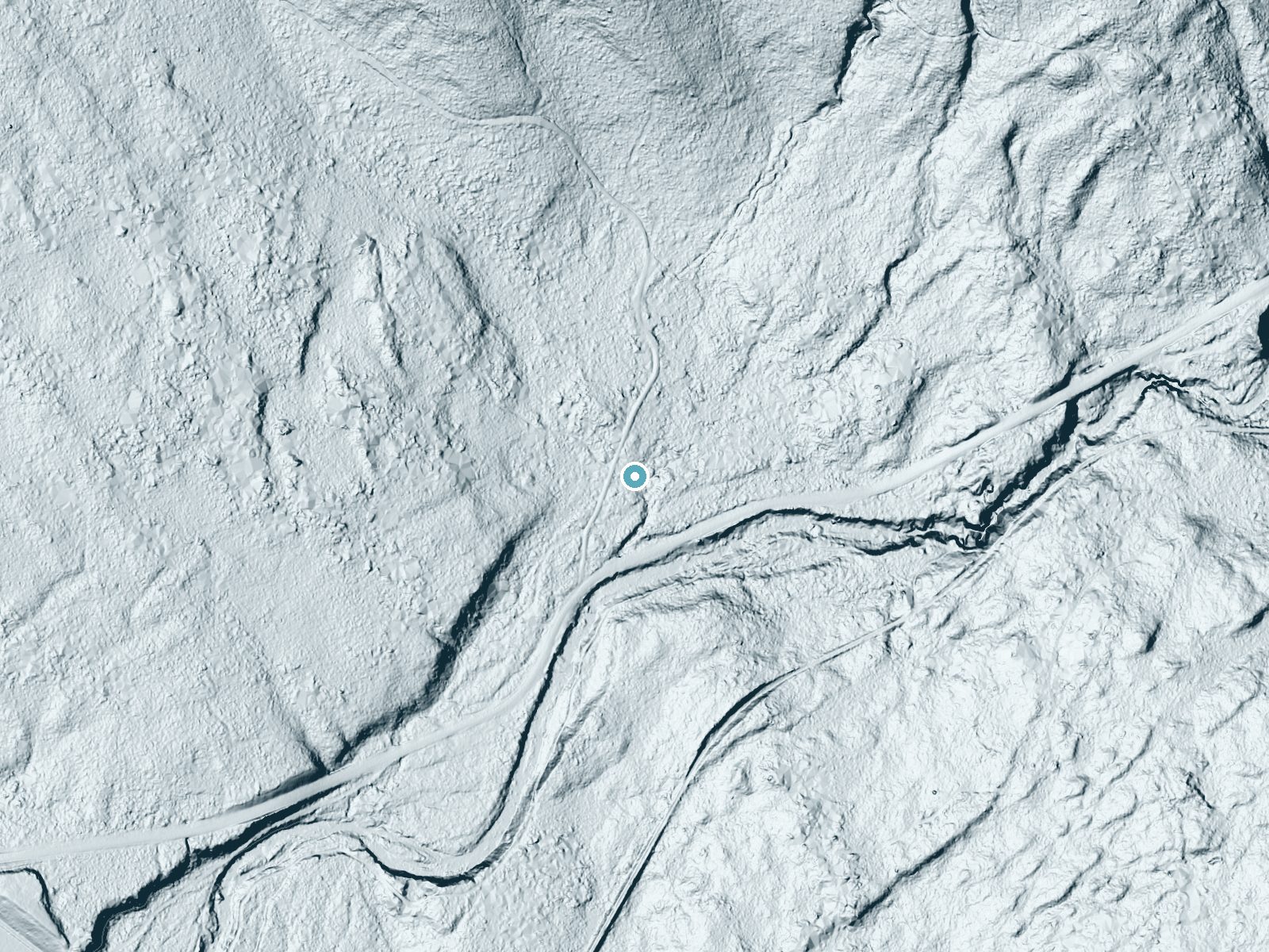 LiDAR bare-earth terrain around Upper Falls near Berlin, New Hampshire, showing about 25 feet of drop, a long cascade, facing south