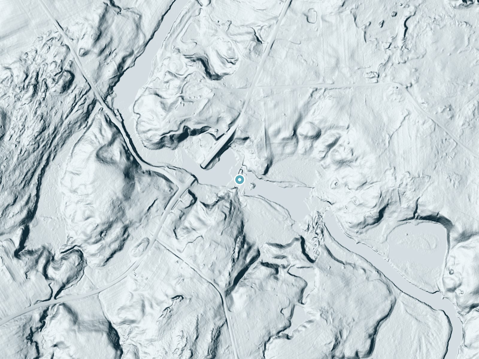 LiDAR bare-earth terrain around Fullerville Falls near Hailesboro, New York, showing about 36 feet of drop, a long cascade, facing west