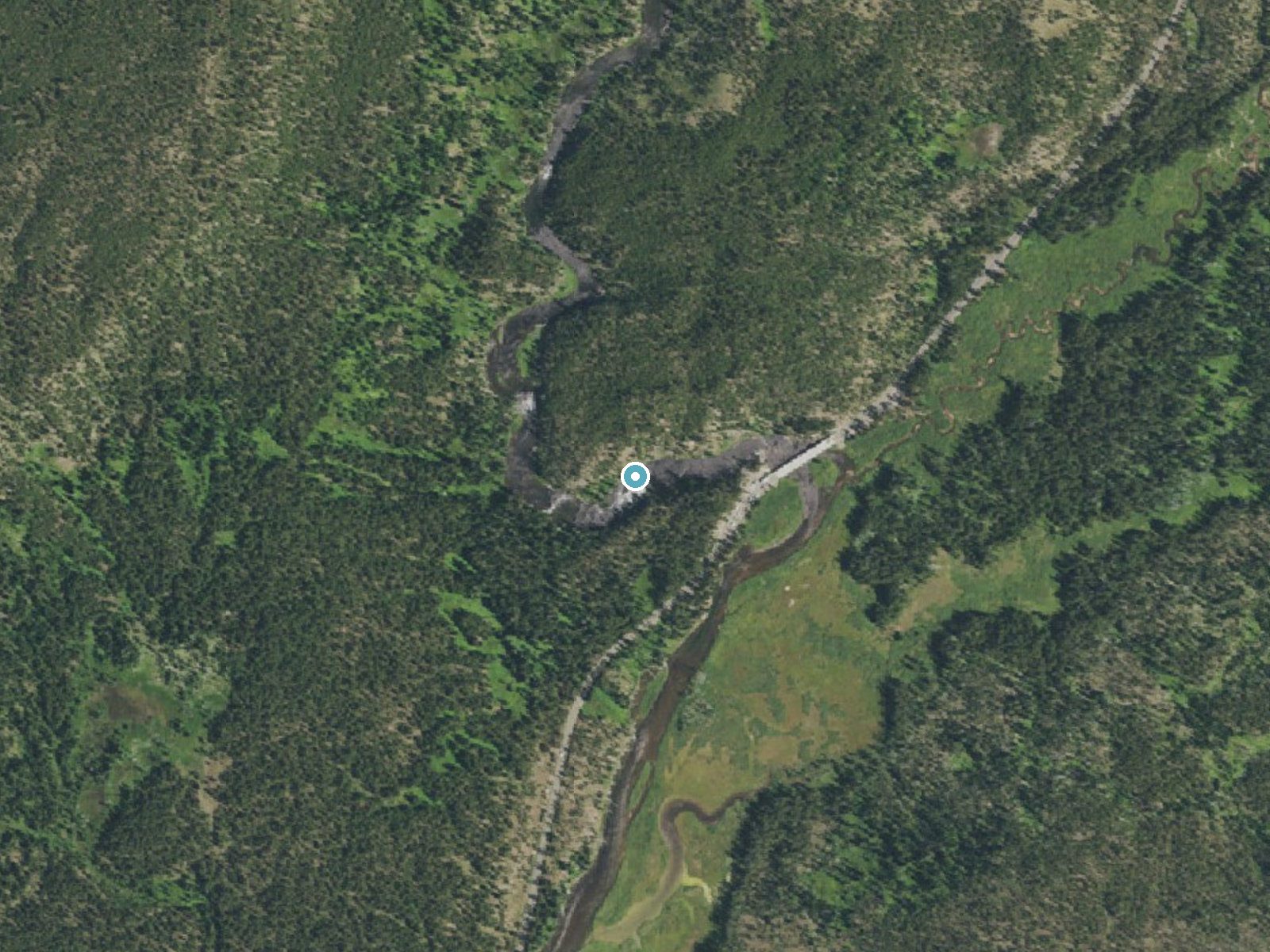 Aerial photo of the same ground around Lewis Falls near Kelly, Wyoming, for comparison with the lidar view