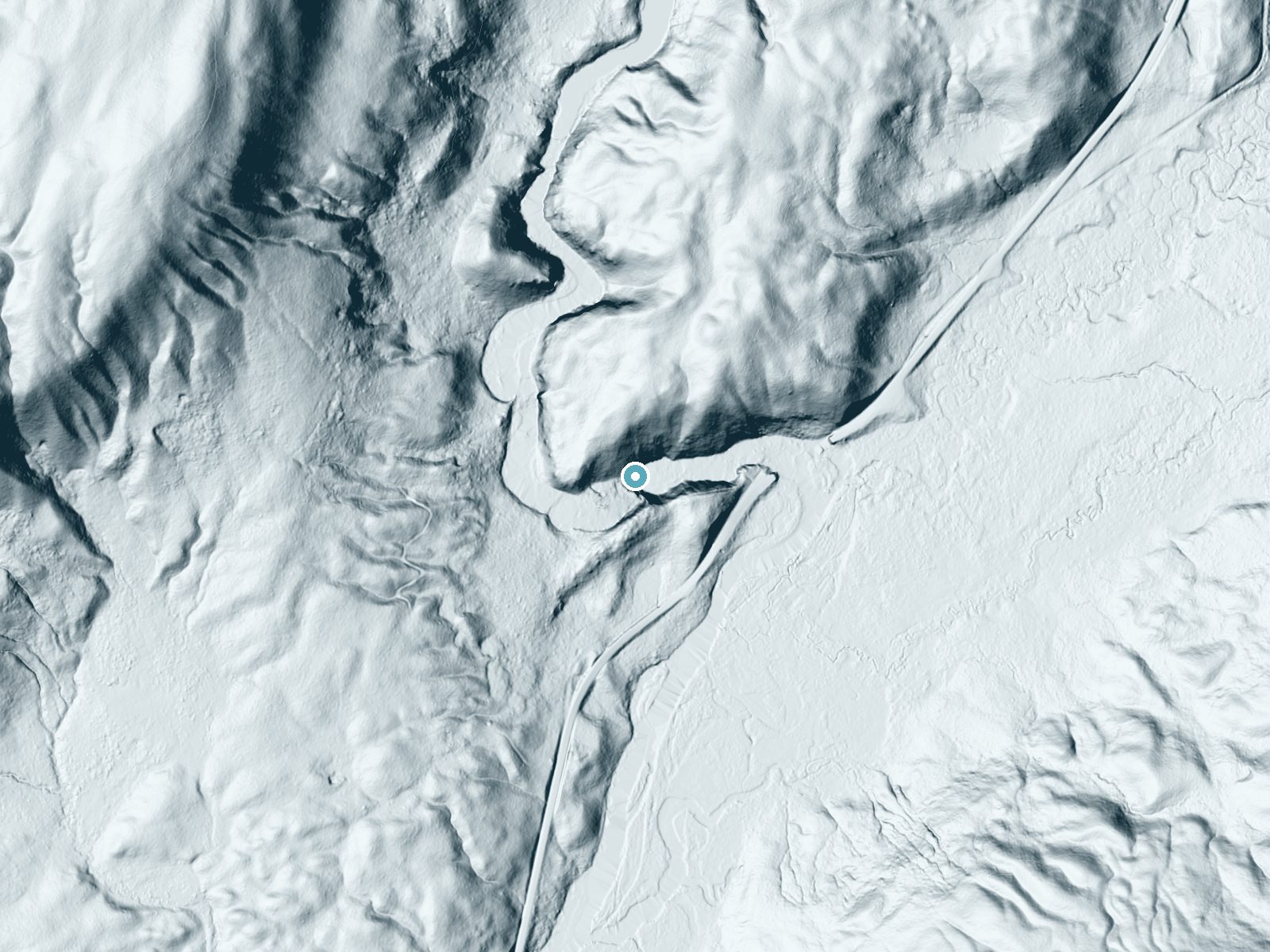 LiDAR bare-earth terrain around Lewis Falls near Kelly, Wyoming, showing about 122 feet of drop, a steep tiered drop, facing southeast