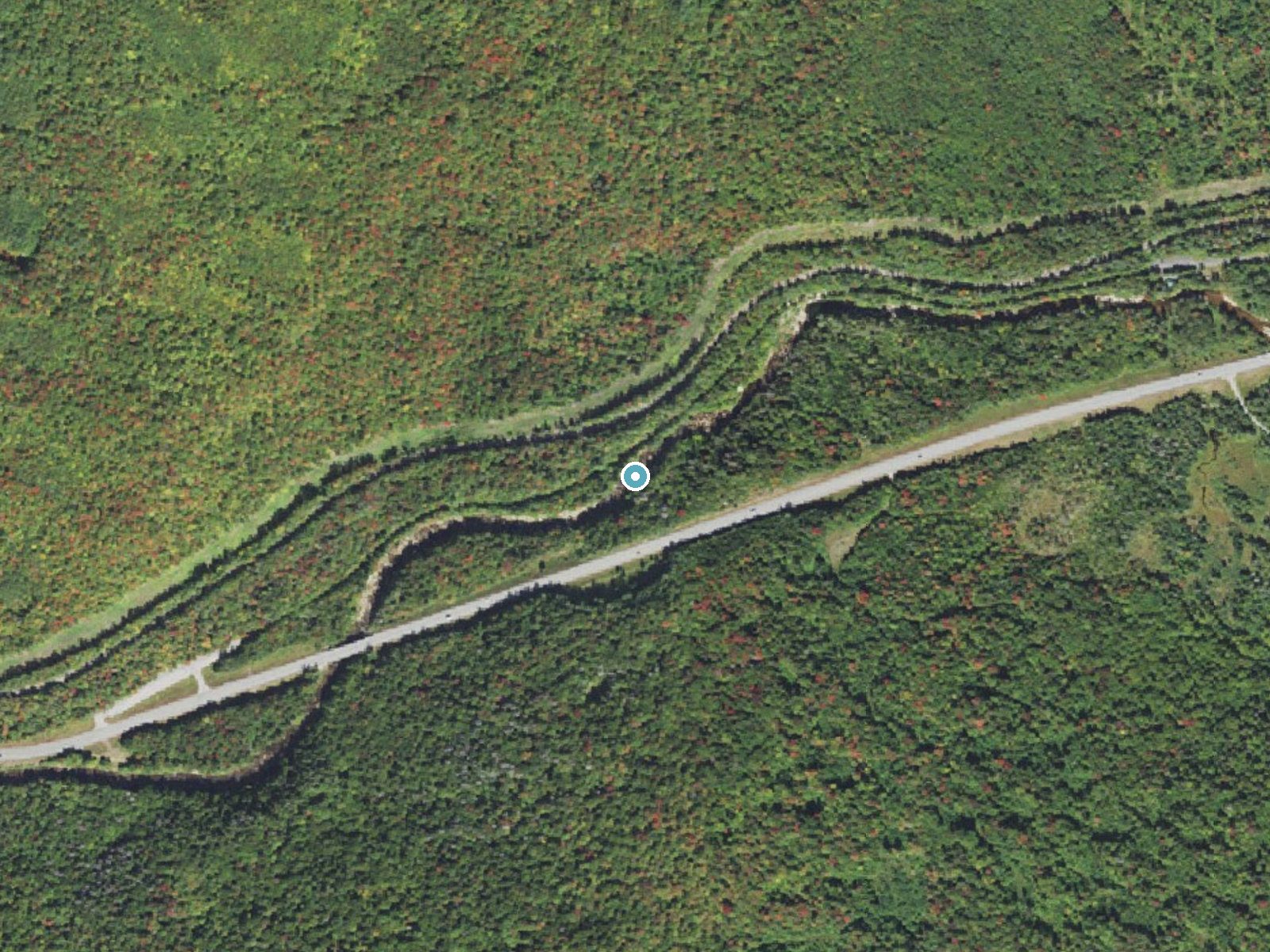 Aerial photo of the same ground around Lower Falls near Gilman, New Hampshire, for comparison with the lidar view