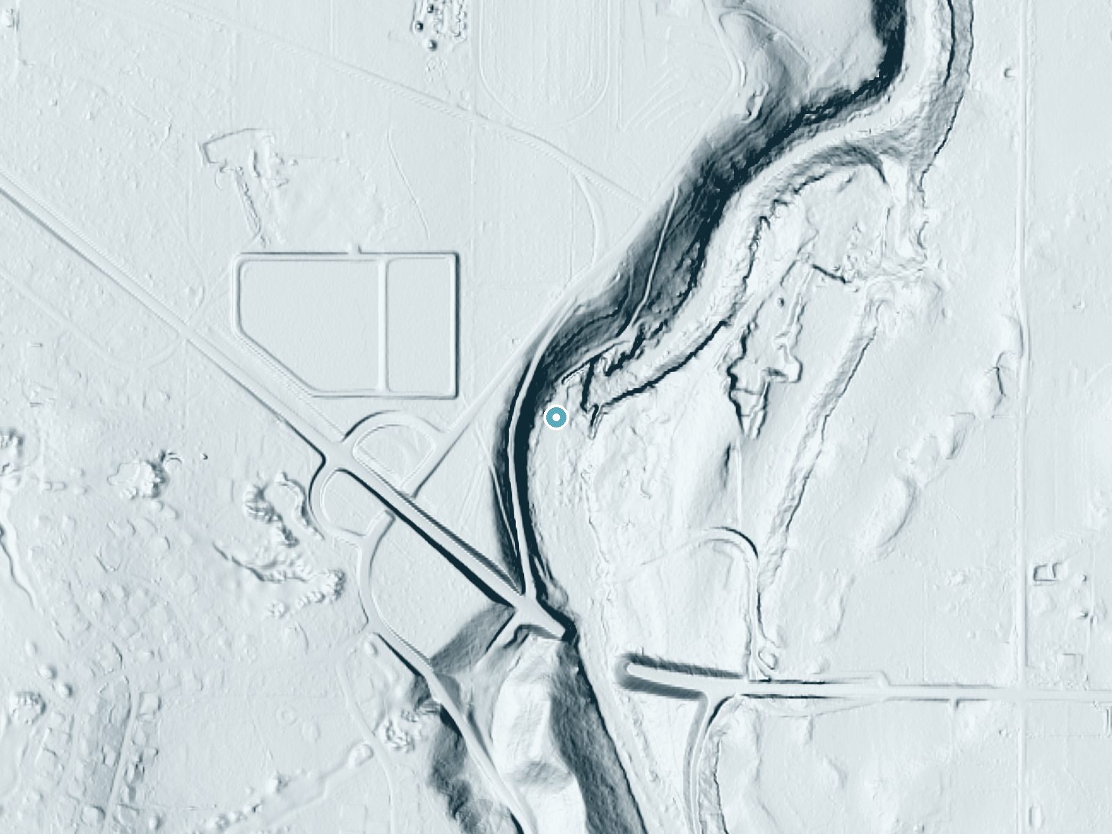 LiDAR bare-earth terrain around Cline Falls near Eagle Crest, Oregon, showing about 119 feet of drop, a steep tiered drop, facing east