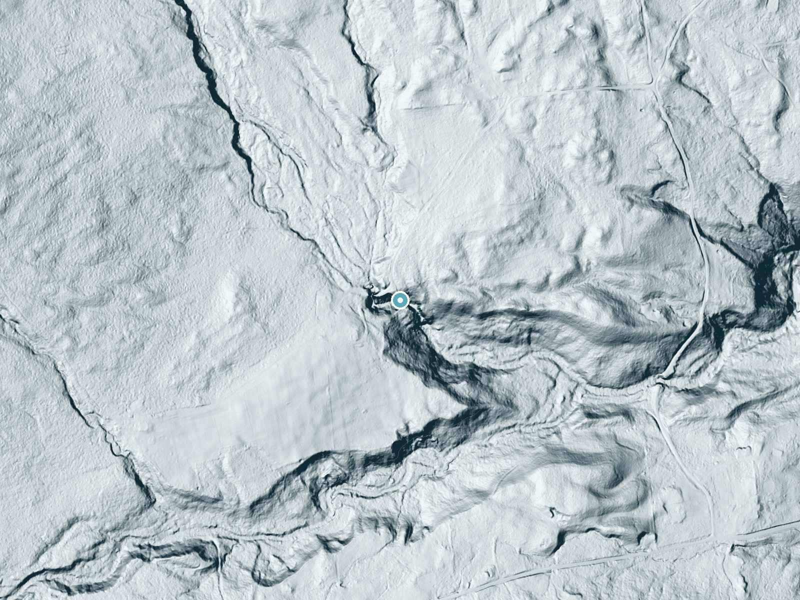 LiDAR bare-earth terrain around Clifford Falls near Lake Placid, New York, showing about 118 feet of drop, a steep tiered drop, facing southeast