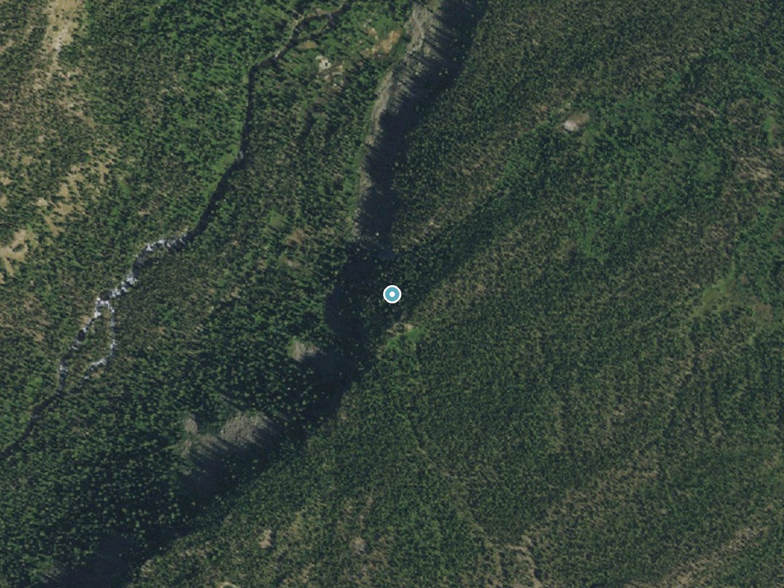 Aerial photo of the same ground around Albright Falls near West Yellowstone, Wyoming, for comparison with the lidar view
