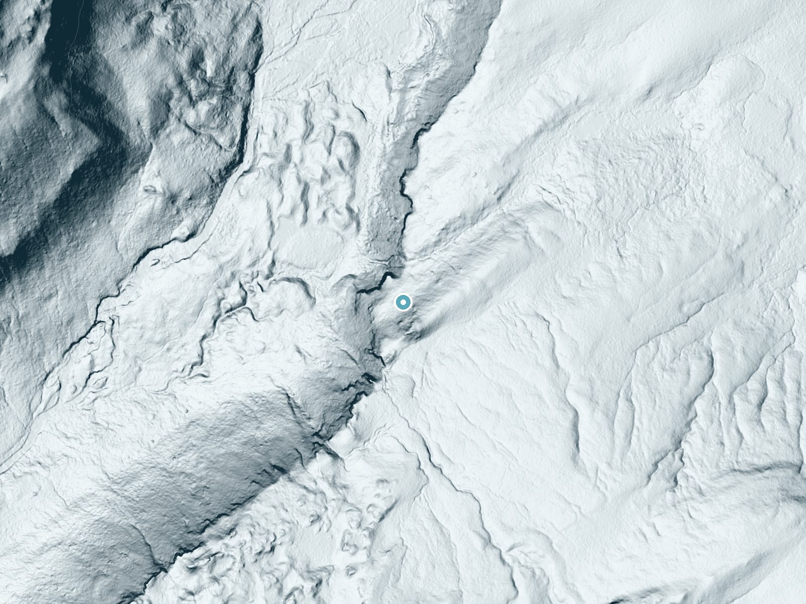 LiDAR bare-earth terrain around Albright Falls near West Yellowstone, Wyoming, showing about 272 feet of drop, a steep tiered drop, facing northwest