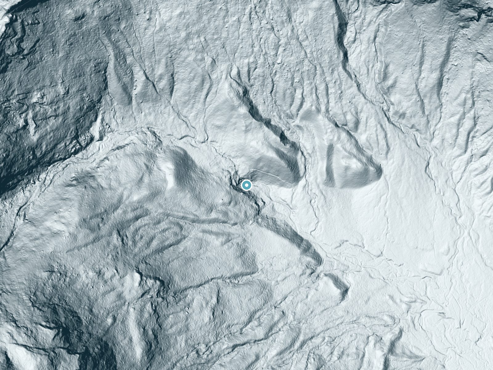 LiDAR bare-earth terrain around Hermit Falls near North Conway, New Hampshire, showing about 150 feet of drop, a steep tiered drop, facing east