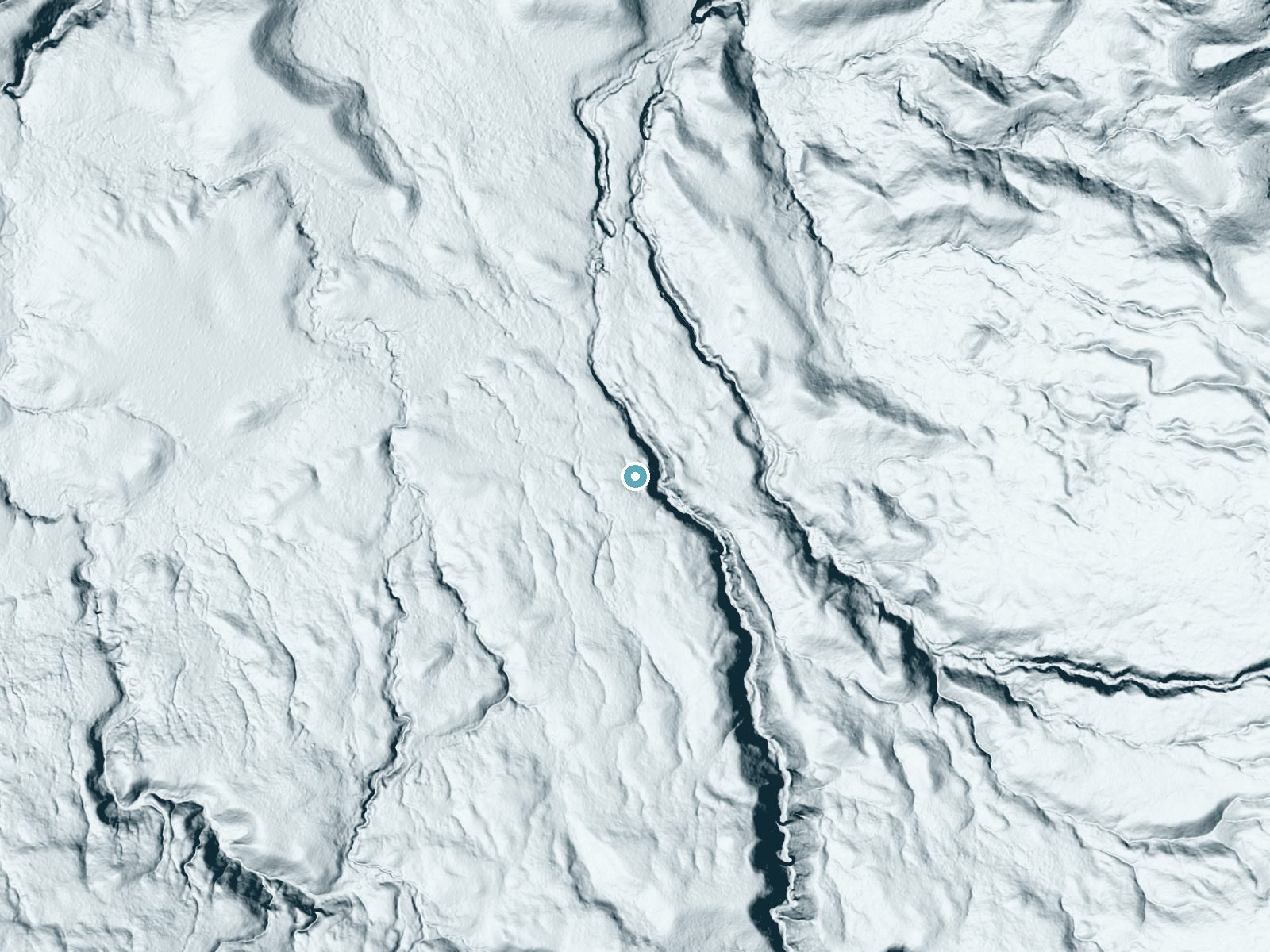 LiDAR bare-earth terrain around Sluiceway Falls near West Yellowstone, Wyoming, showing about 57 feet of drop, a long cascade, facing north