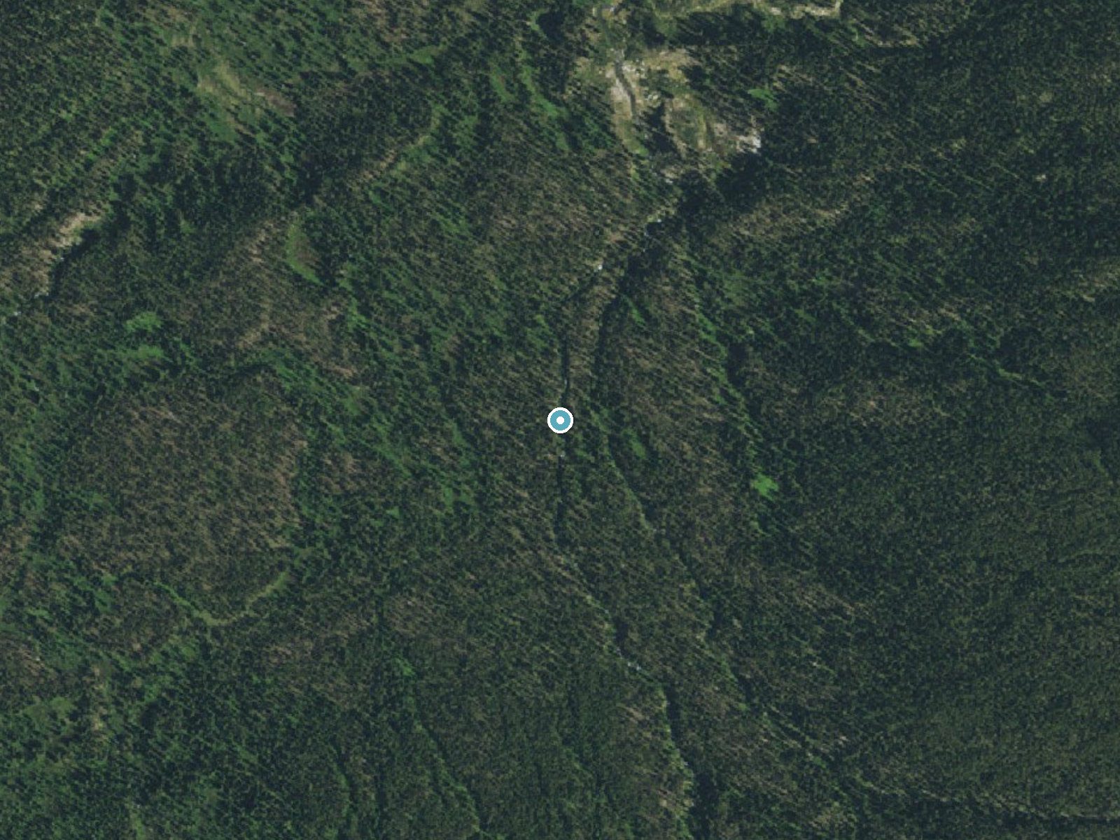 Aerial photo of the same ground around Gwinna Falls near West Yellowstone, Wyoming, for comparison with the lidar view