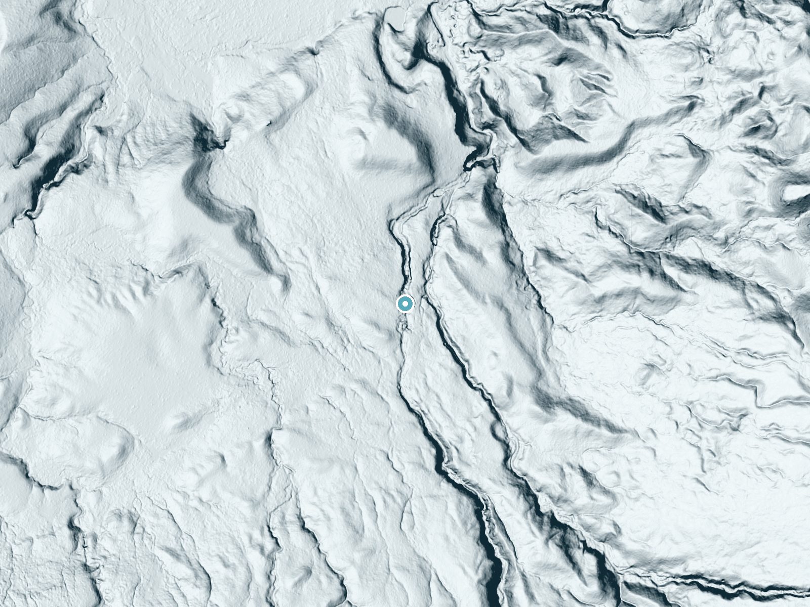 LiDAR bare-earth terrain around Gwinna Falls near West Yellowstone, Wyoming, showing about 57 feet of drop, a long cascade, facing northeast