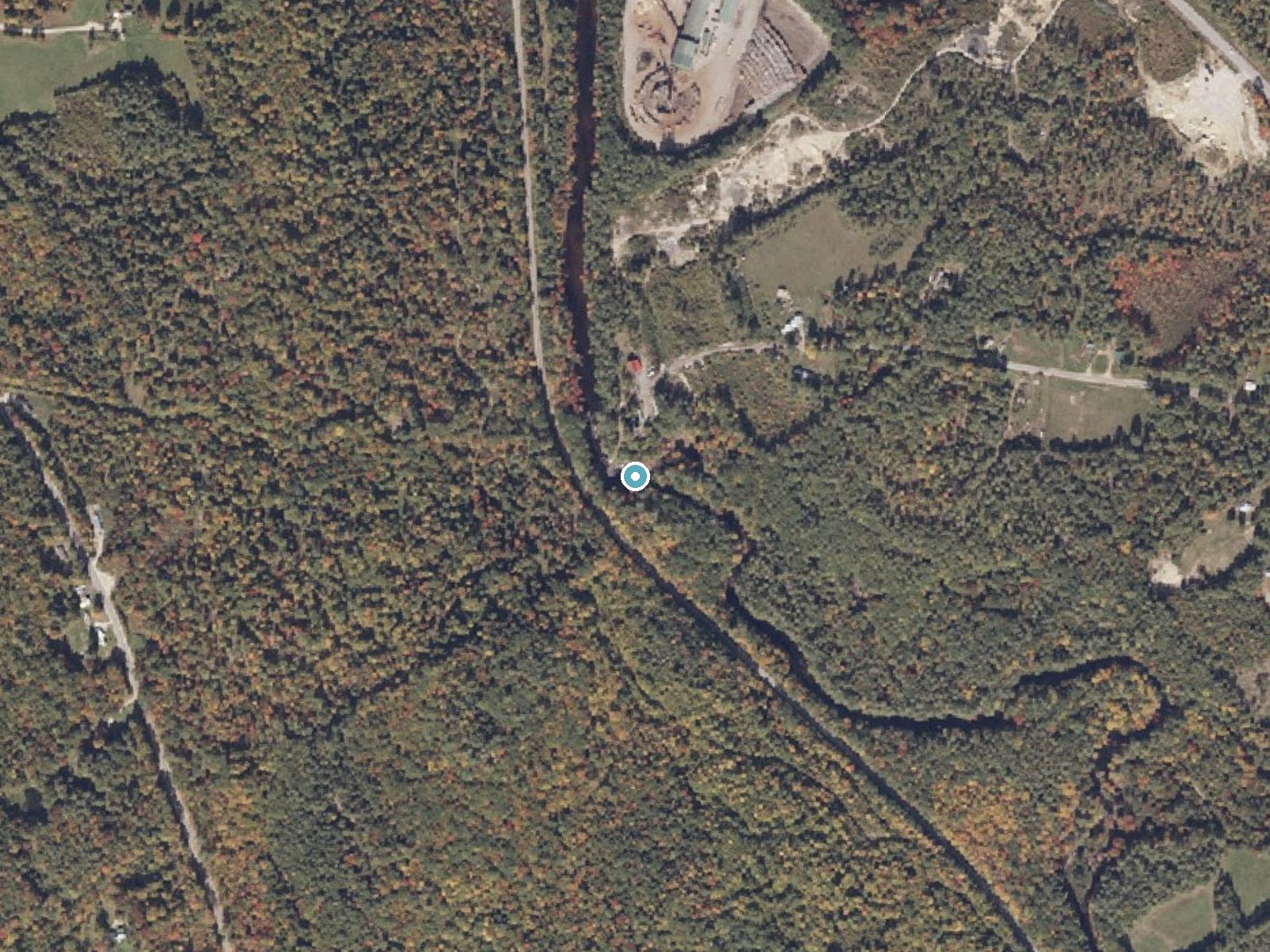 Aerial photo of the same ground around Bisco Falls near South Paris, Maine, for comparison with the lidar view