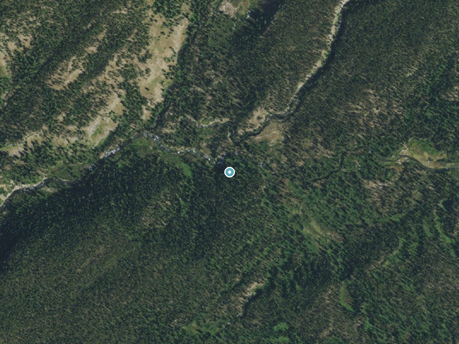 Aerial photo of the same ground around Ragged Falls near West Yellowstone, Wyoming, for comparison with the lidar view