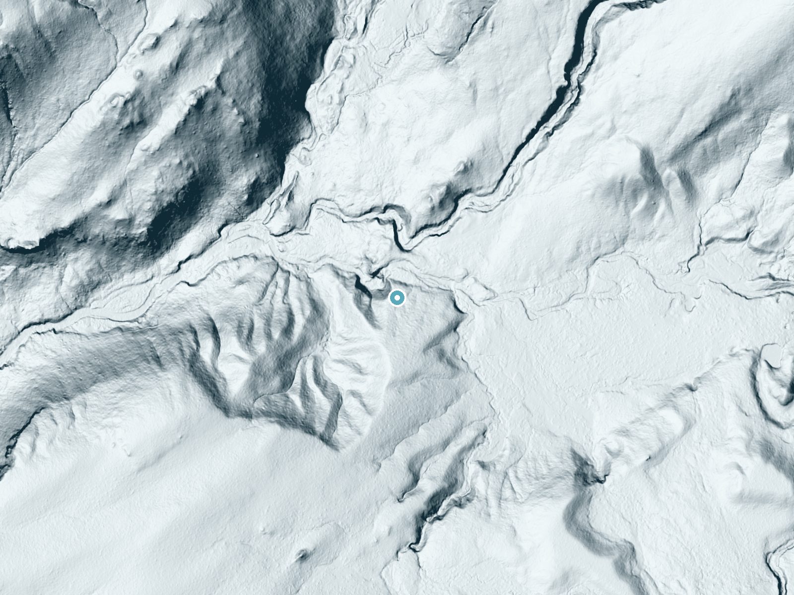 LiDAR bare-earth terrain around Ragged Falls near West Yellowstone, Wyoming, showing about 112 feet of drop, a long cascade, facing northwest