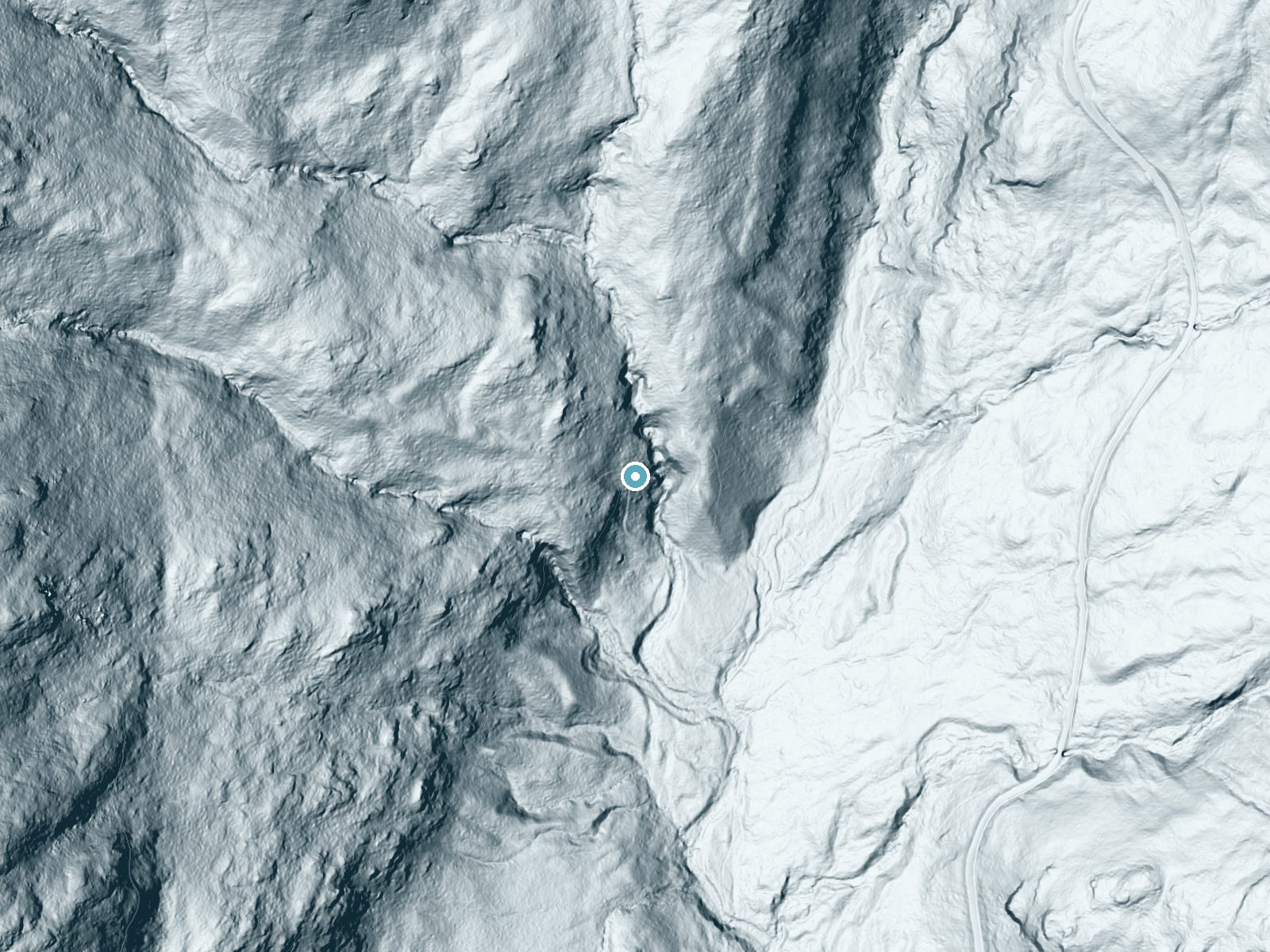 LiDAR bare-earth terrain around Mad River Falls near Bethel, Maine, showing about 260 feet of drop, a steep tiered drop, facing southeast