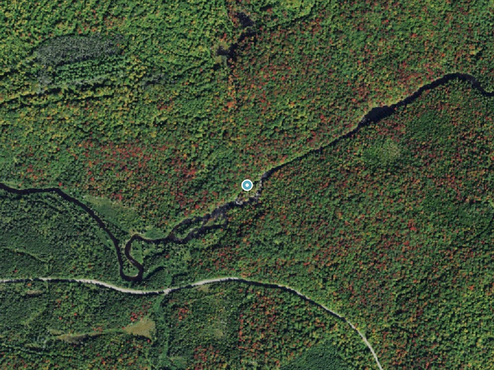 Aerial photo of the same ground around Copper Rock Falls near Cranberry Lake, New York, for comparison with the lidar view