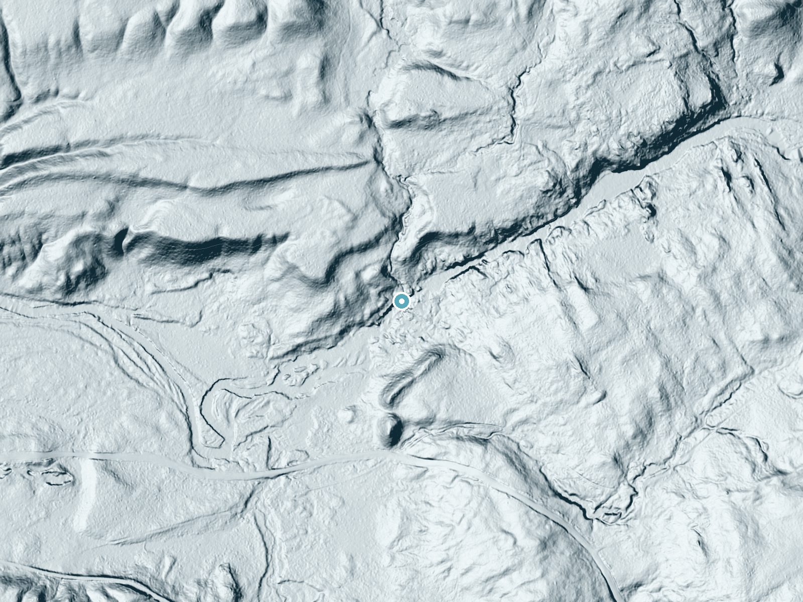 LiDAR bare-earth terrain around Copper Rock Falls near Cranberry Lake, New York, showing about 70 feet of drop, a long cascade, facing south
