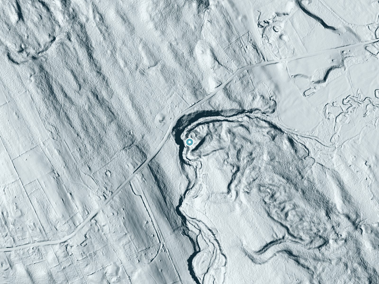 LiDAR bare-earth terrain around Basin Falls near Turner, Maine, showing about 78 feet of drop, a steep tiered drop, facing north