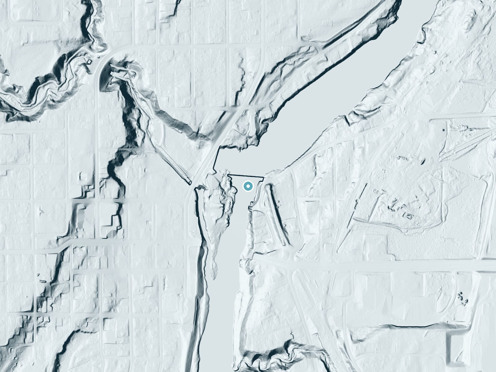 LiDAR bare-earth terrain around Ni-ho-kha-wa-ne-ey-ja near Black River Falls, Wisconsin, showing about 59 feet of drop, a long cascade, facing west