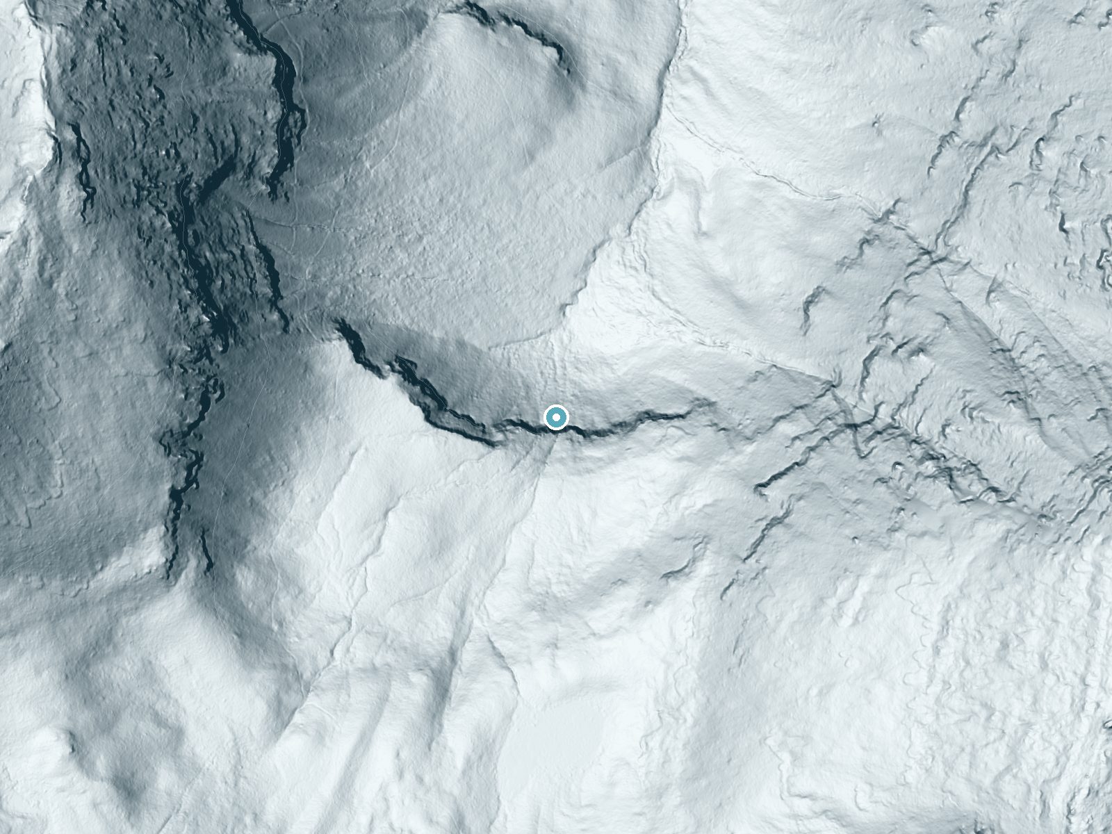 LiDAR bare-earth terrain around Slide Falls near Prairie City, Oregon, showing about 291 feet of drop, a single sheer drop, facing north