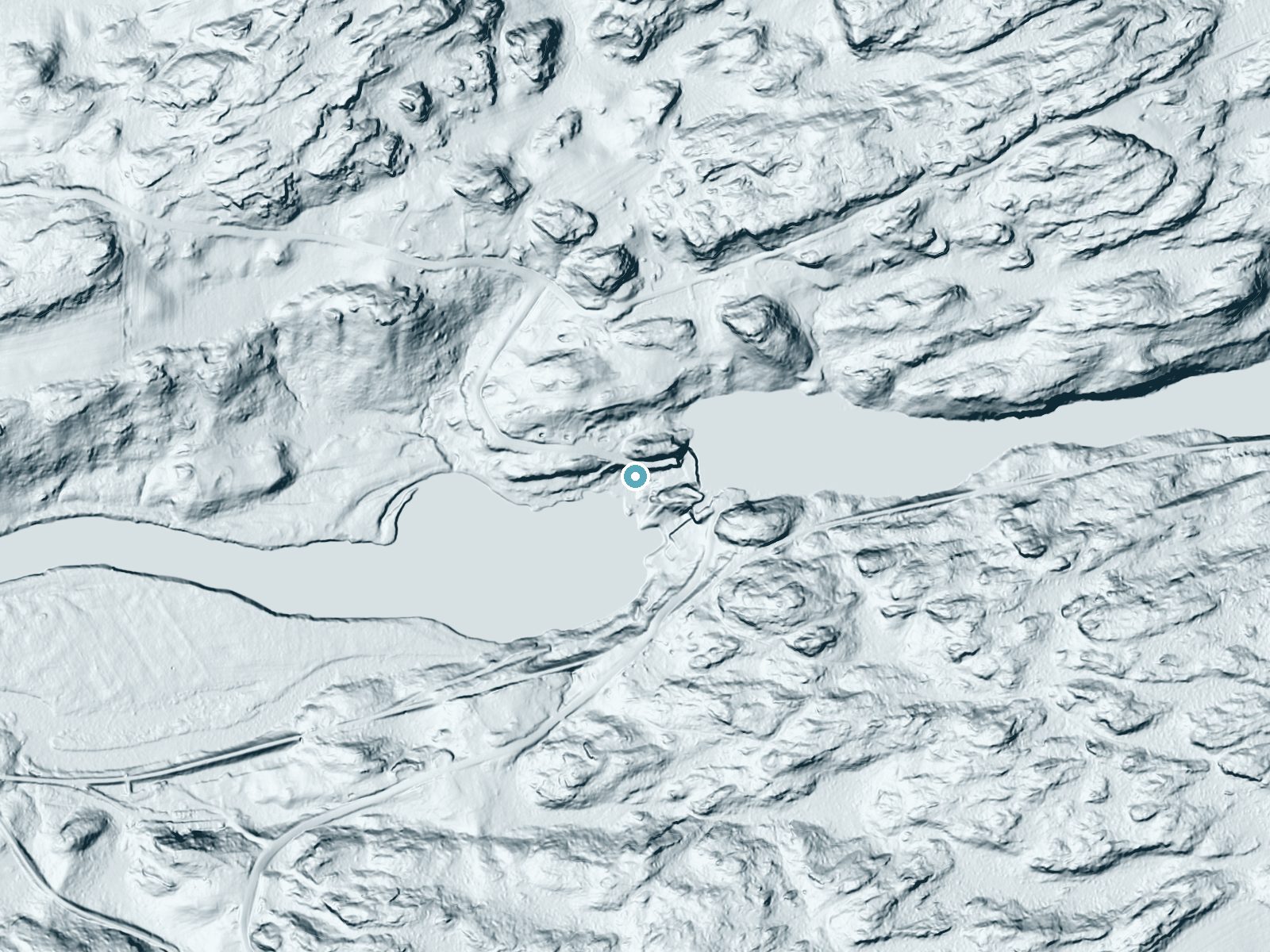 LiDAR bare-earth terrain around Emeryville Falls near Hailesboro, New York, showing about 65 feet of drop, a steep tiered drop, facing south
