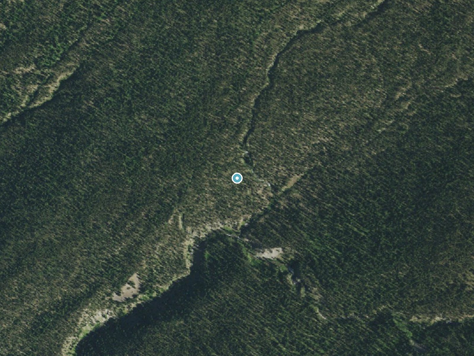 Aerial photo of the same ground around Tempe Cascade near West Yellowstone, Wyoming, for comparison with the lidar view
