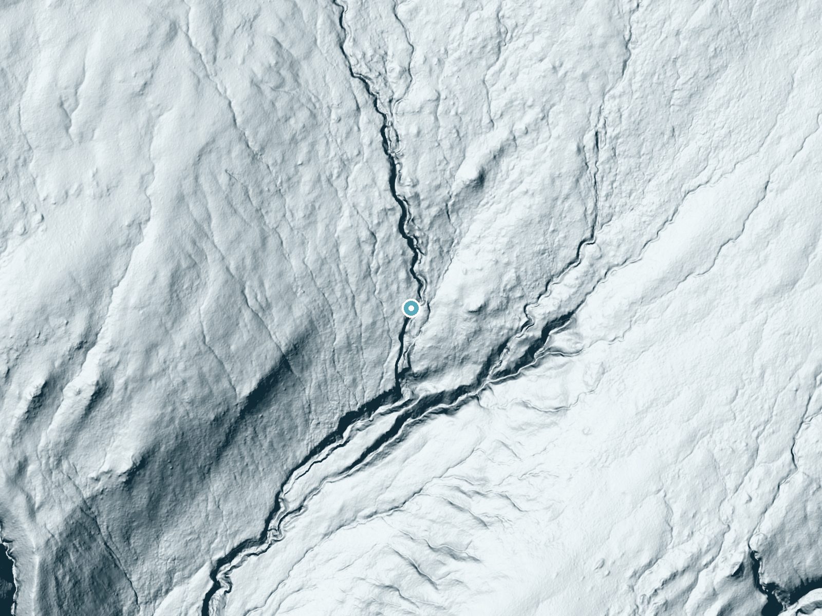 LiDAR bare-earth terrain around Quiver Cascade near West Yellowstone, Wyoming, showing about 101 feet of drop, a long cascade, facing south