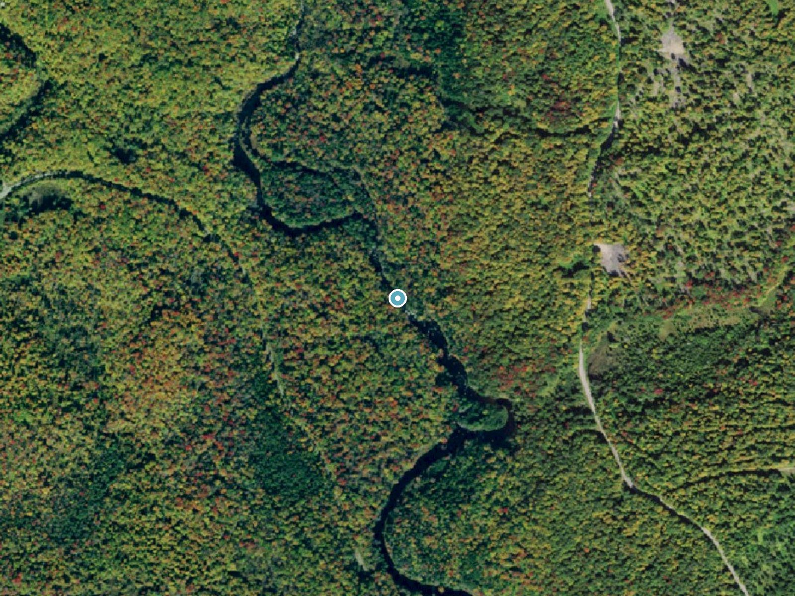 Aerial photo of the same ground around Rainbow Falls near Star Lake, New York, for comparison with the lidar view
