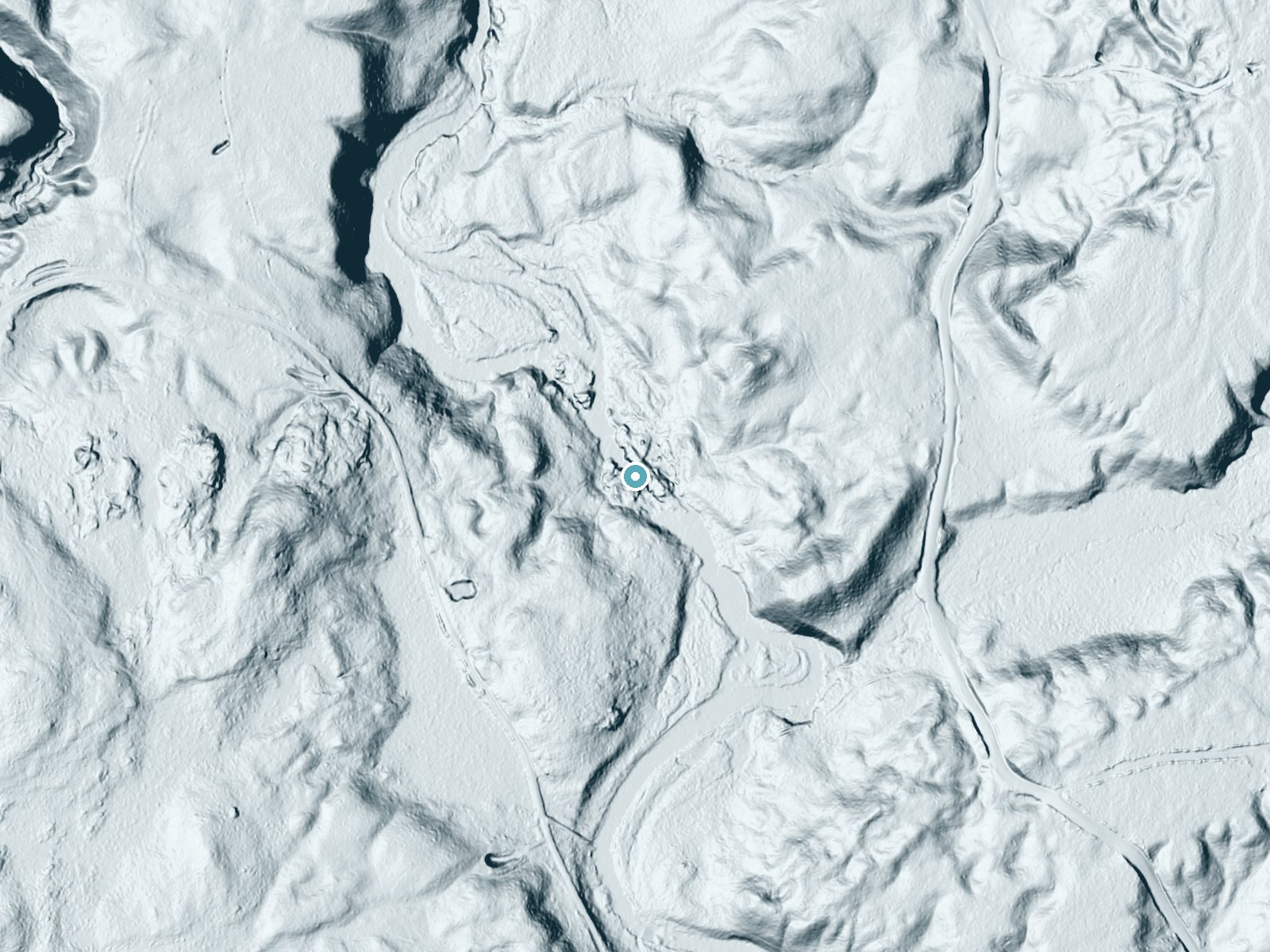 LiDAR bare-earth terrain around Rainbow Falls near Star Lake, New York, showing about 60 feet of drop, a long cascade, facing northwest