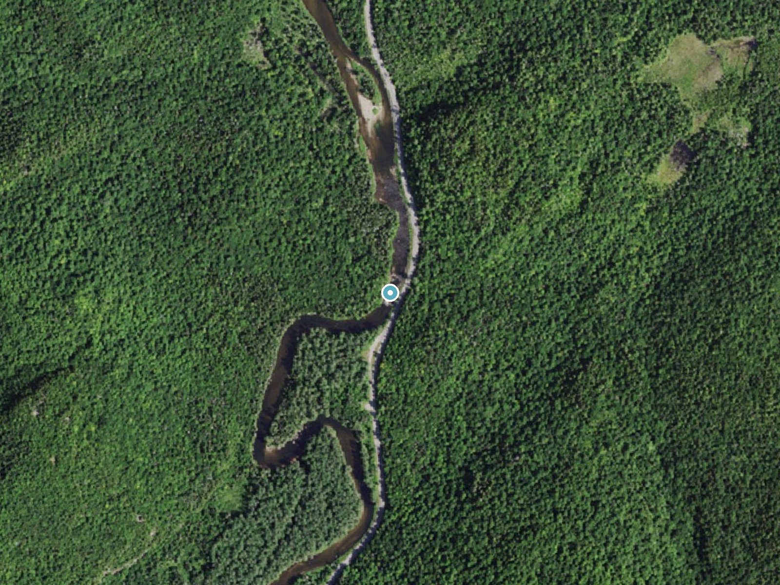 Aerial photo of the same ground around Monument Falls near Lake Placid, New York, for comparison with the lidar view