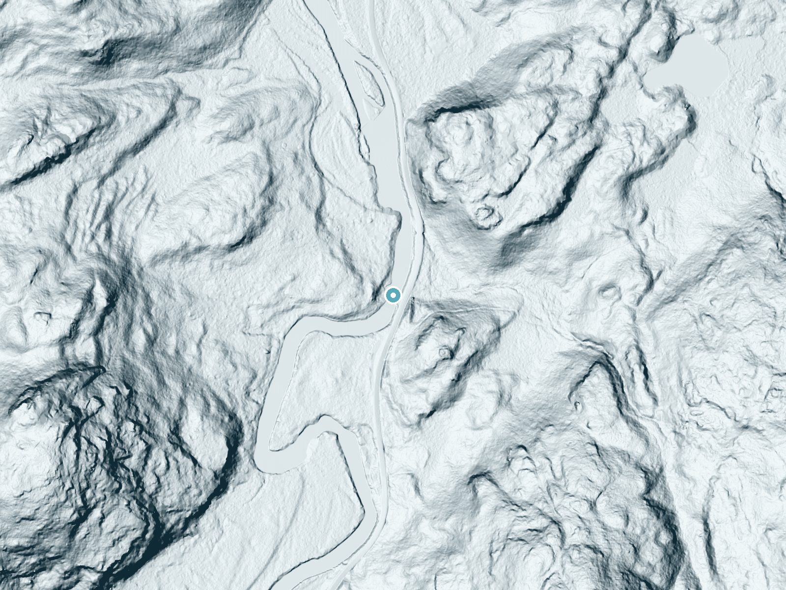 LiDAR bare-earth terrain around Monument Falls near Lake Placid, New York, showing about 47 feet of drop, a long cascade, facing north