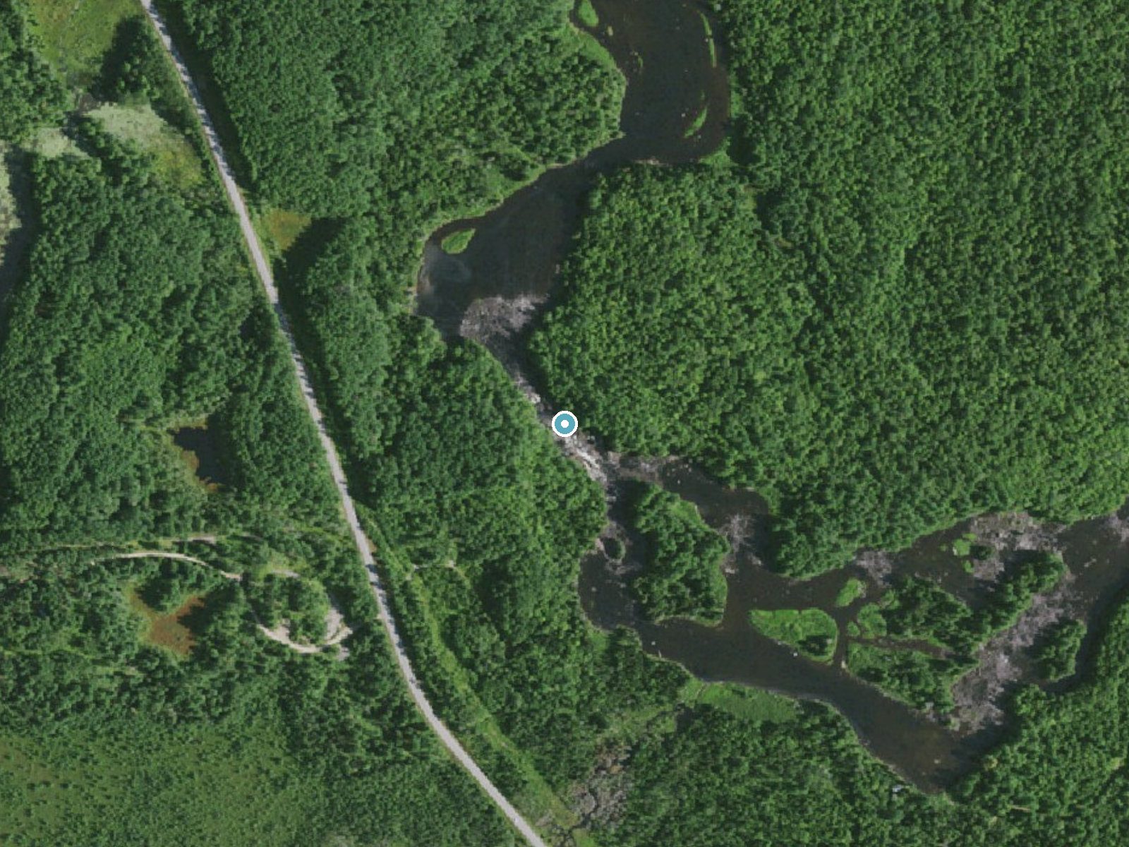Aerial photo of the same ground around Moody Falls near Cranberry Lake, New York, for comparison with the lidar view