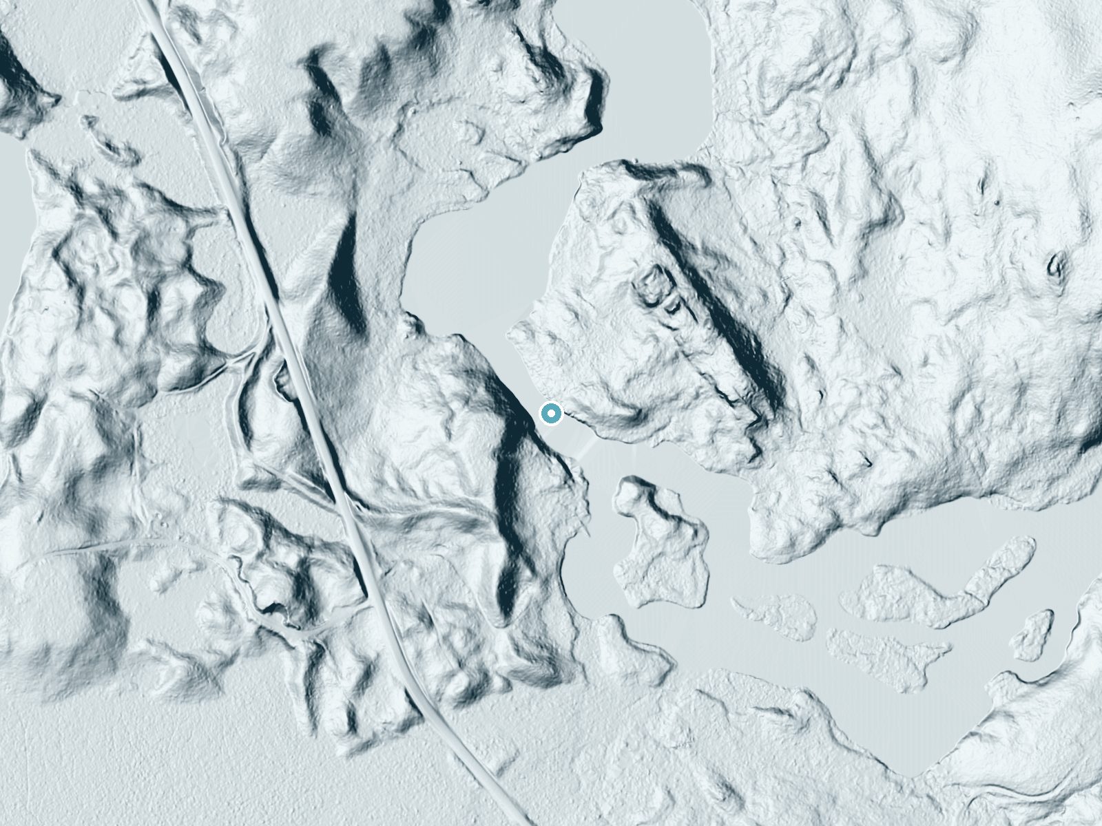 LiDAR bare-earth terrain around Moody Falls near Cranberry Lake, New York, showing about 87 feet of drop, a steep tiered drop, facing northeast