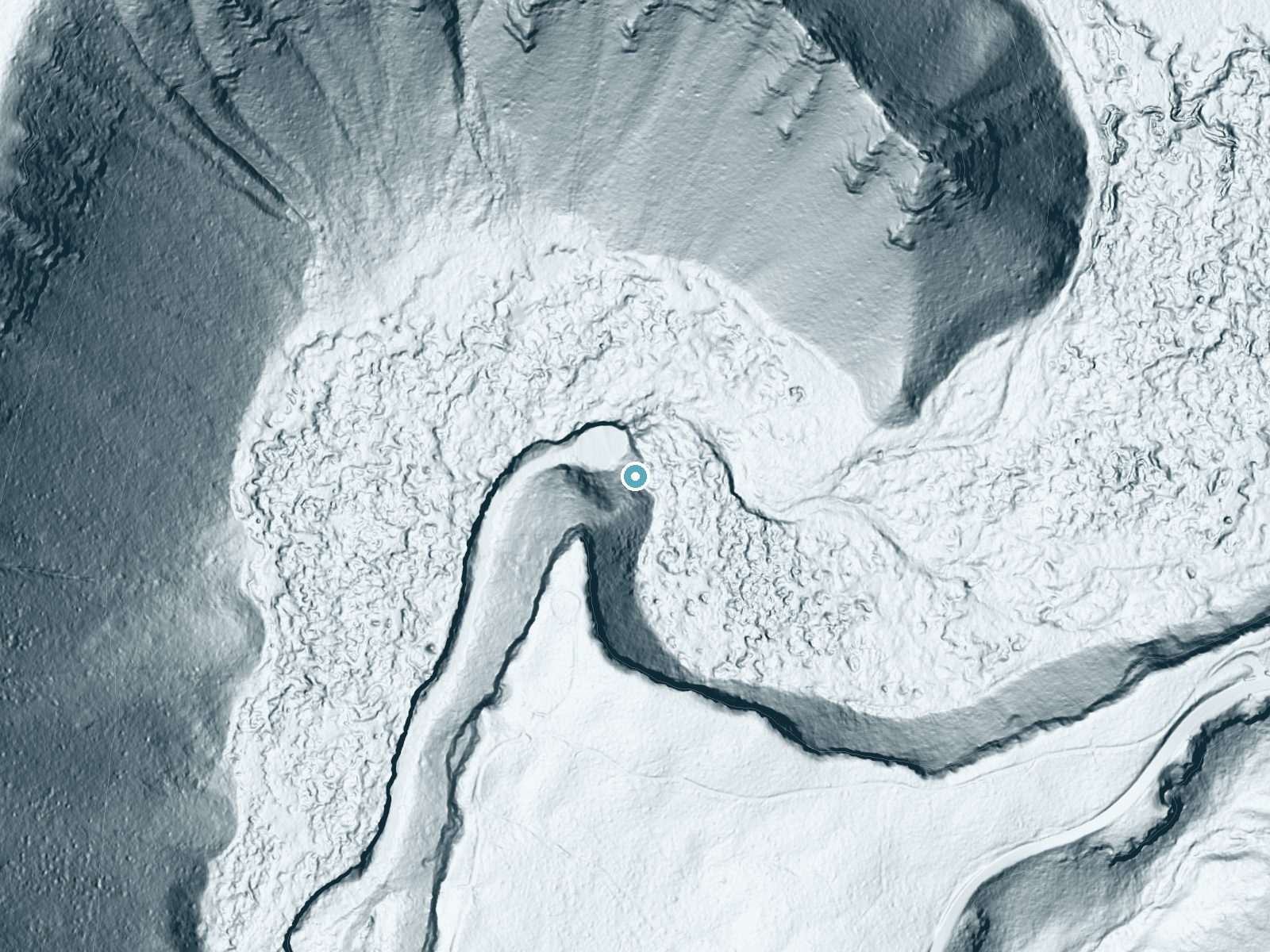 LiDAR bare-earth terrain around Tamolitch Falls near Black Butte Ranch, Oregon, showing about 201 feet of drop, a steep tiered drop, facing north