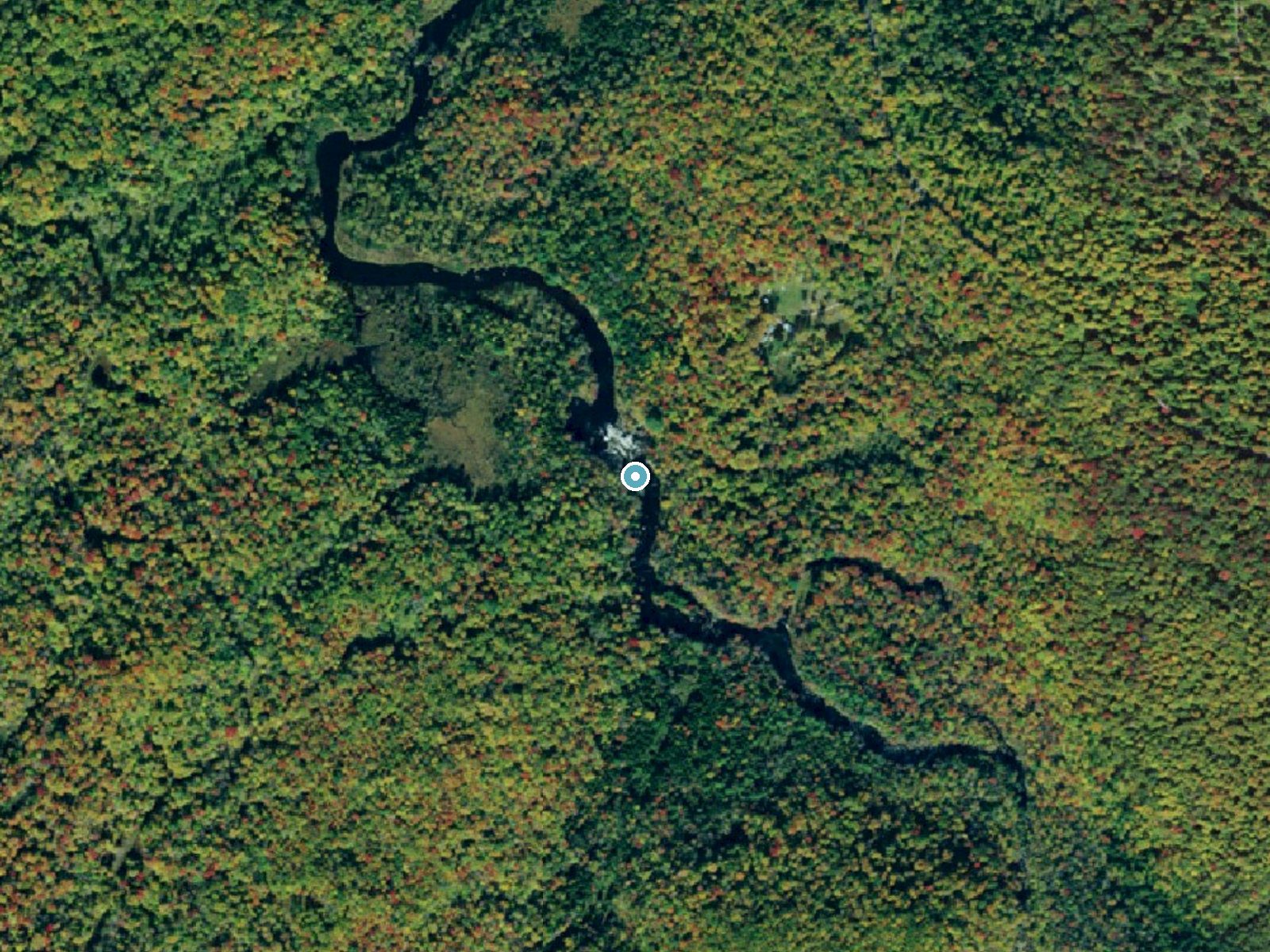 Aerial photo of the same ground around Flat Rock Falls near Star Lake, New York, for comparison with the lidar view