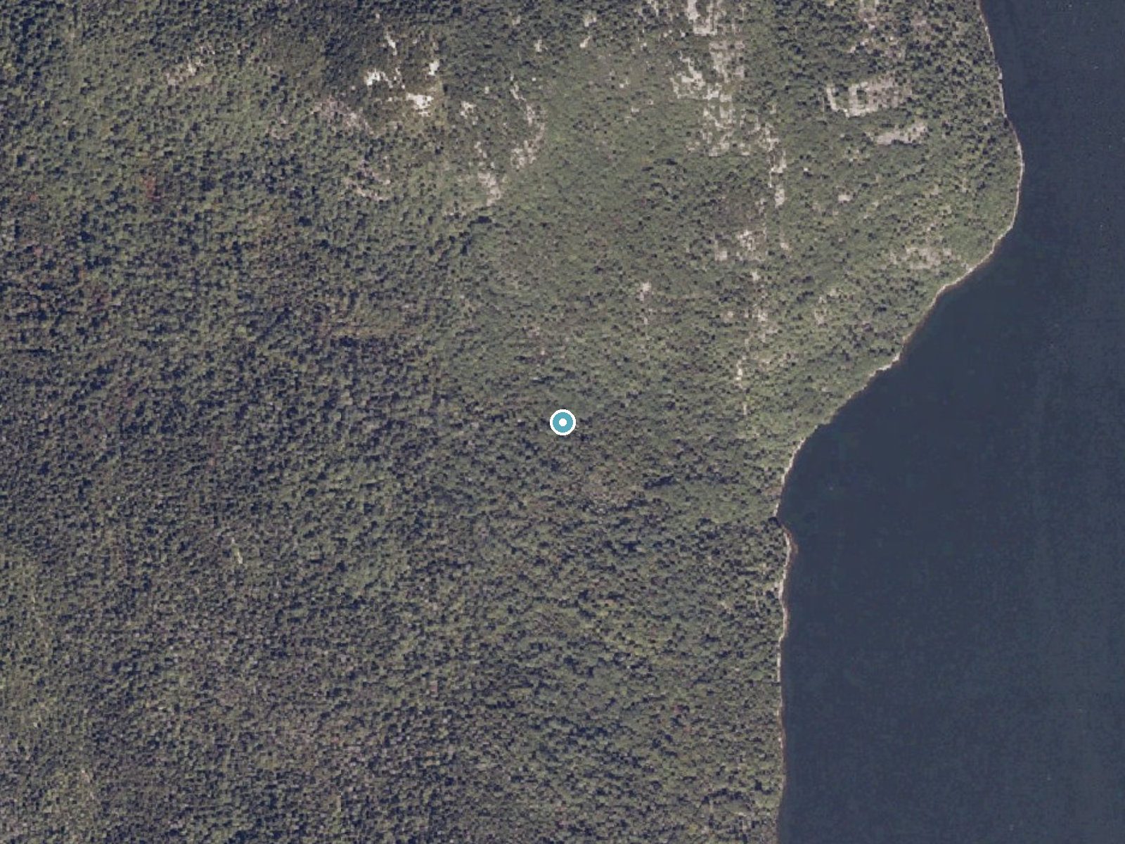 Aerial photo of the same ground around Man O'War Brook Falls near Northeast Harbor, Maine, for comparison with the lidar view