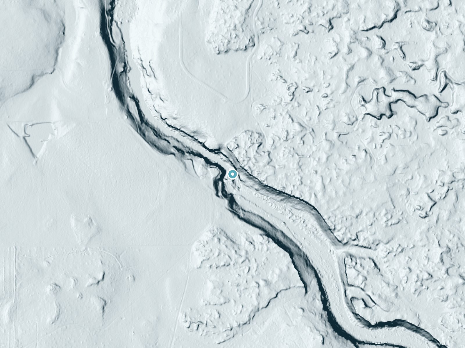 LiDAR bare-earth terrain around Odin Falls near Terrebonne, Oregon, showing about 84 feet of drop, a steep tiered drop, facing southwest