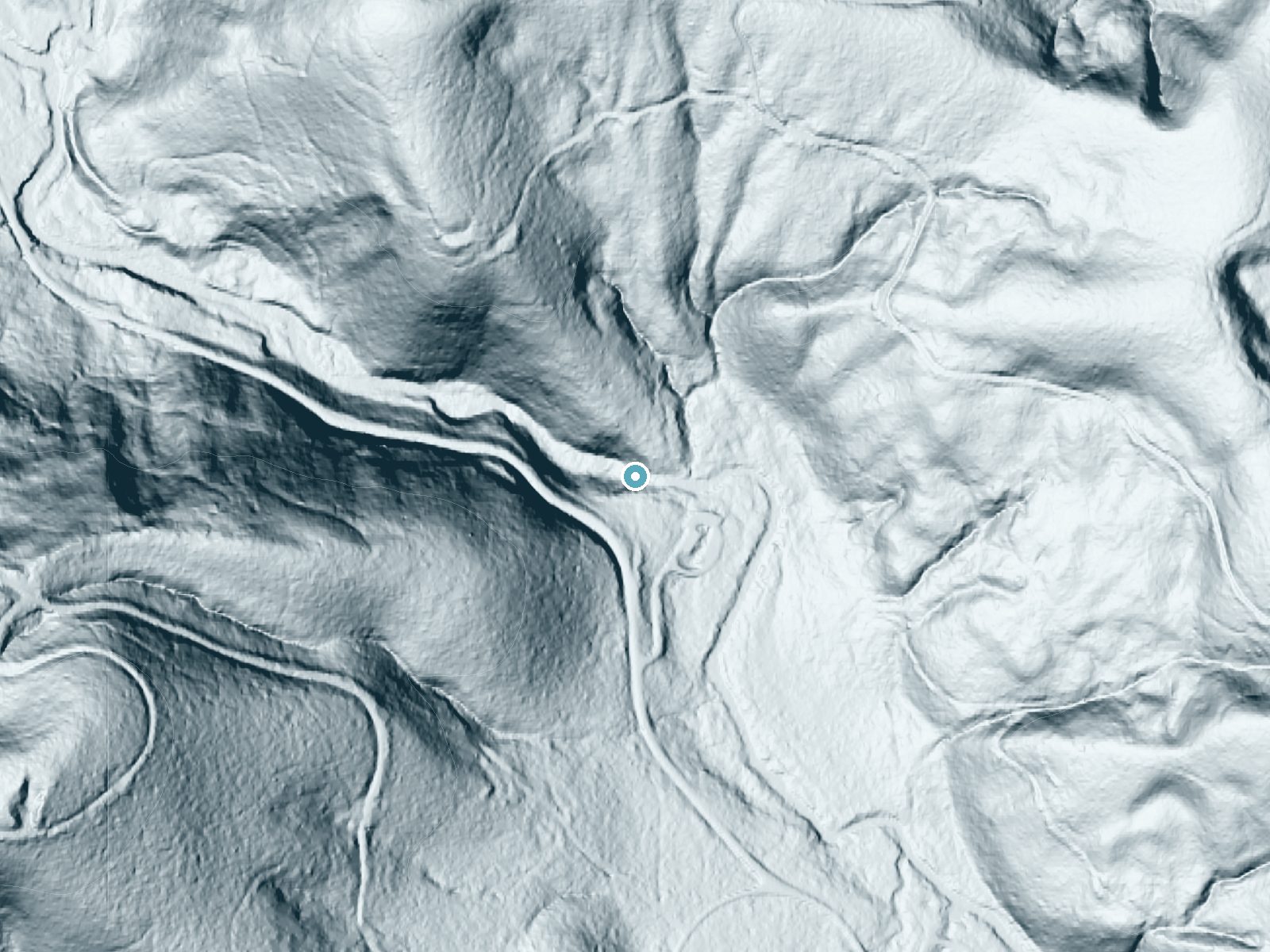 LiDAR bare-earth terrain around Alsea Falls near Alpine, Oregon, showing about 115 feet of drop, a long cascade, facing west