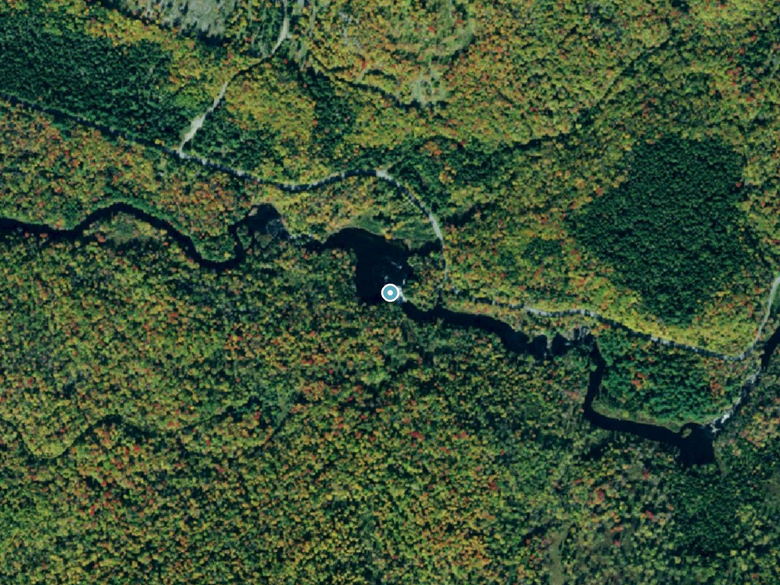 Aerial photo of the same ground around Twin Falls near Star Lake, New York, for comparison with the lidar view