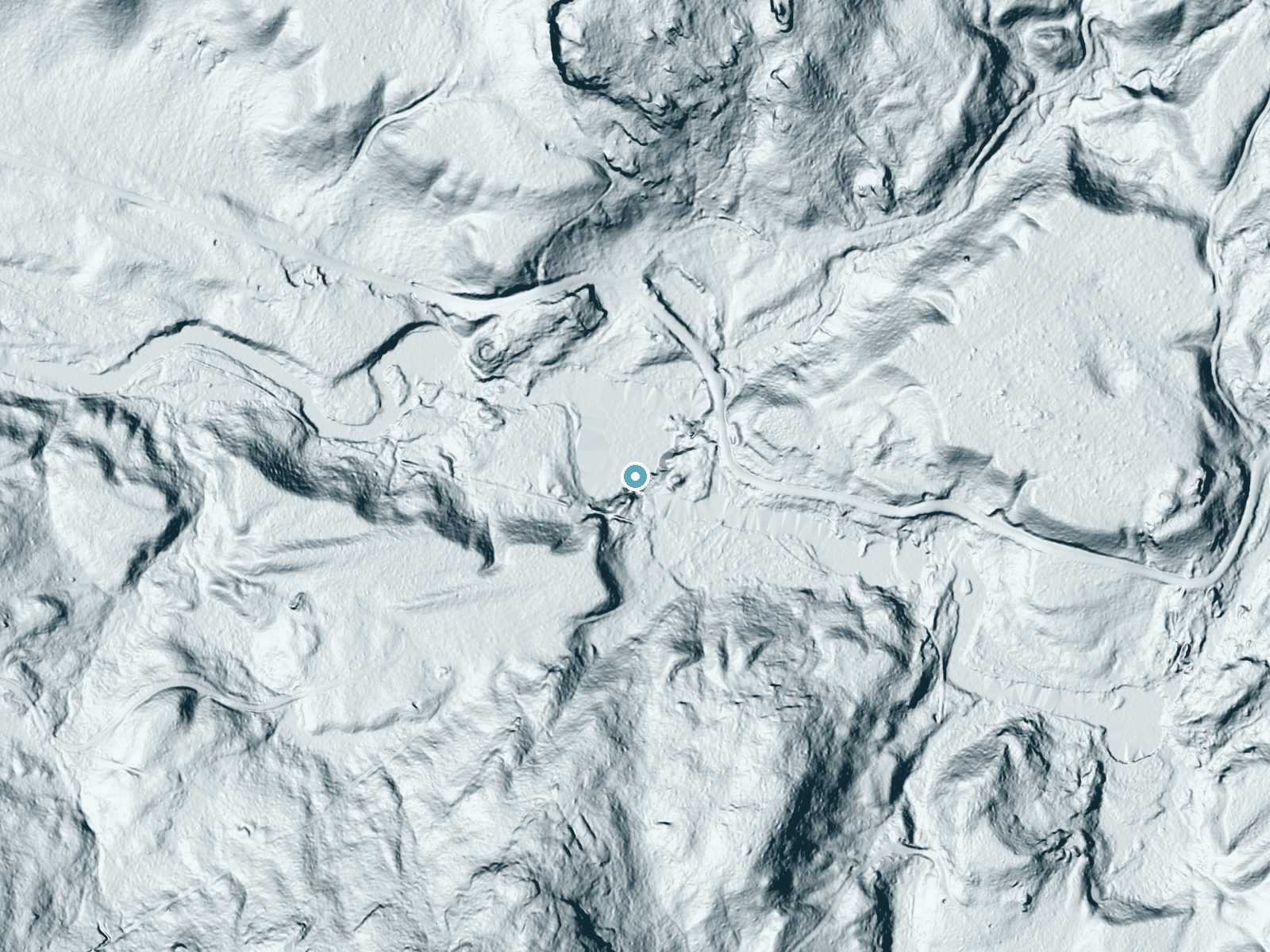LiDAR bare-earth terrain around Twin Falls near Star Lake, New York, showing about 49 feet of drop, a long cascade, facing northwest