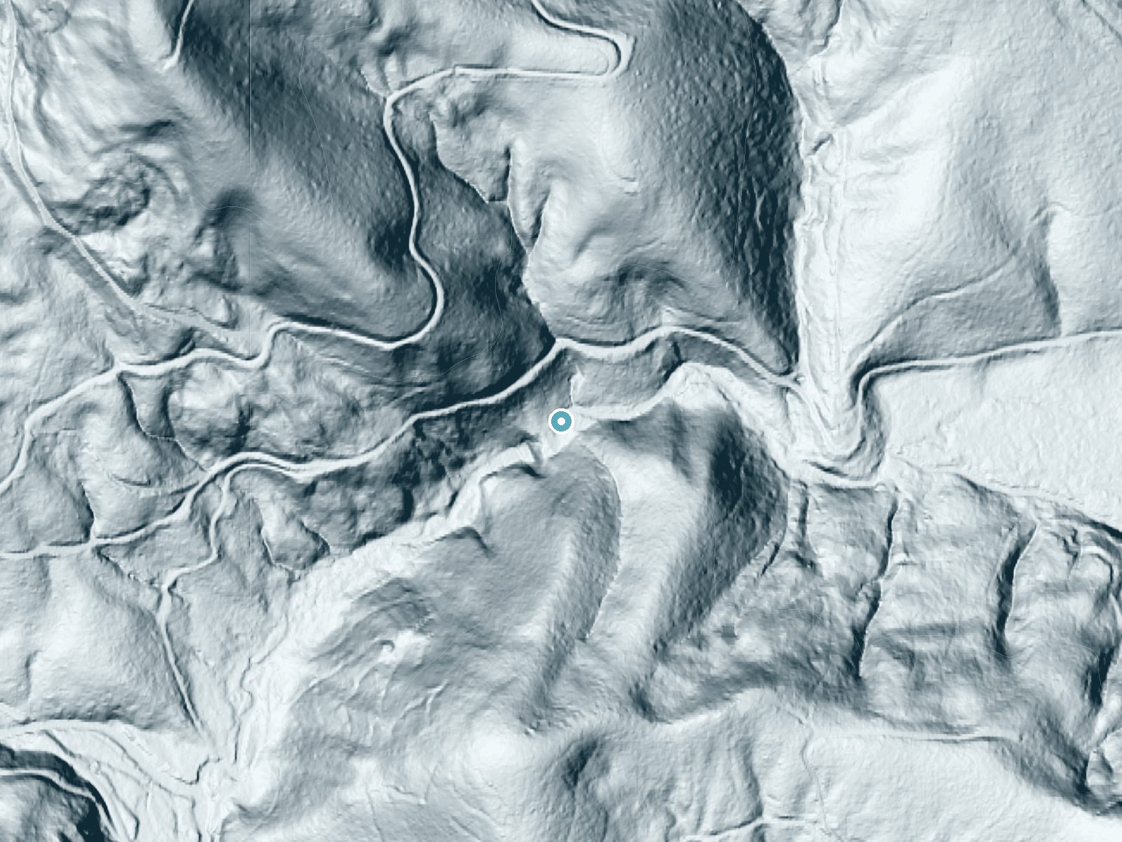 LiDAR bare-earth terrain around Green Peak Falls near Alpine, Oregon, showing about 143 feet of drop, a long cascade, facing southwest