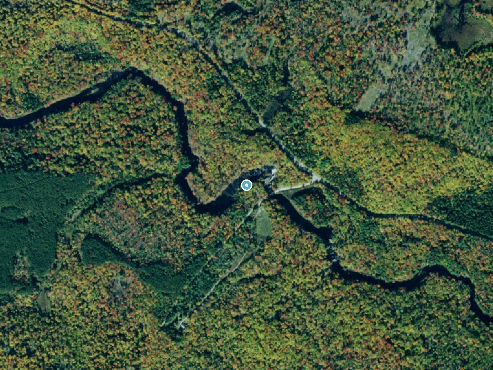 Aerial photo of the same ground around Sinclair Falls near Star Lake, New York, for comparison with the lidar view
