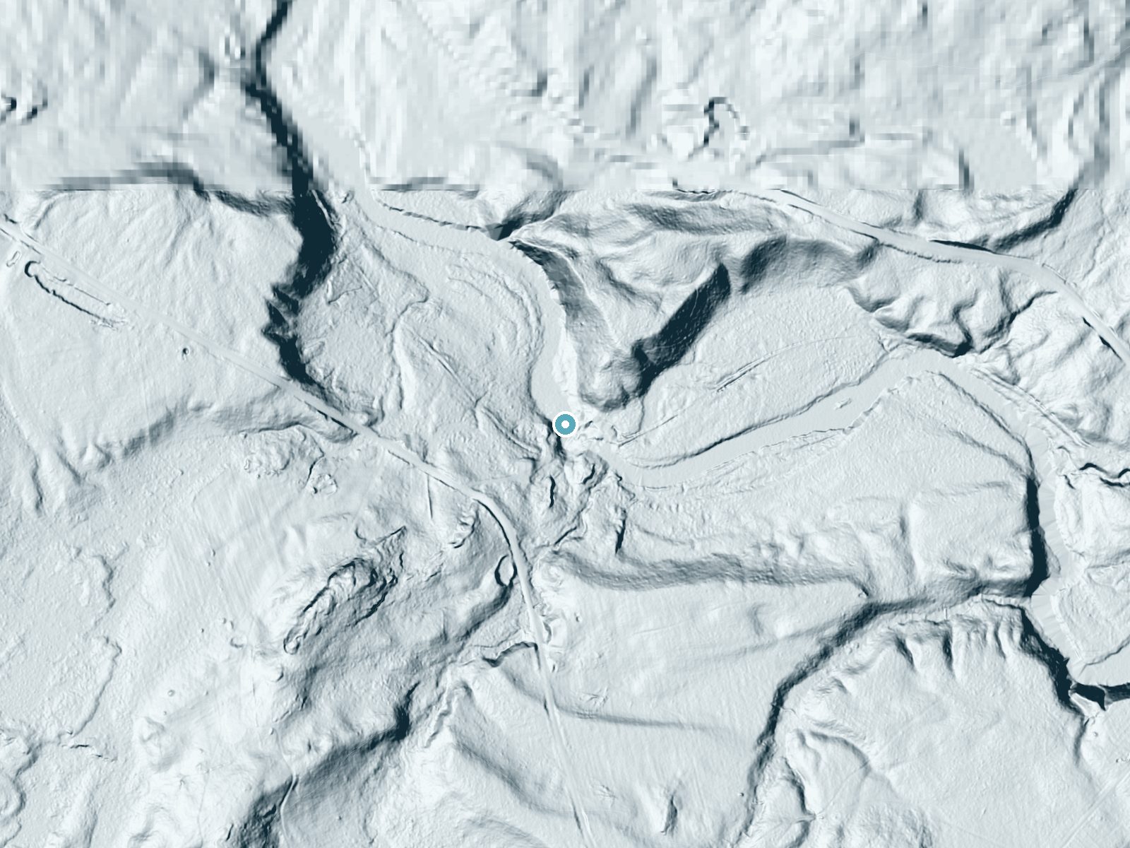 LiDAR bare-earth terrain around Basford Falls near Star Lake, New York, showing about 58 feet of drop, a long cascade, facing northwest