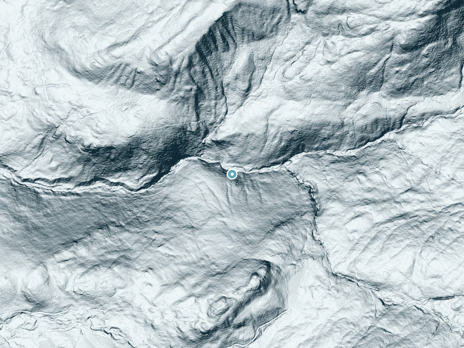 LiDAR bare-earth terrain around Kees Falls near Bethel, Maine, showing about 161 feet of drop, a steep tiered drop, facing north