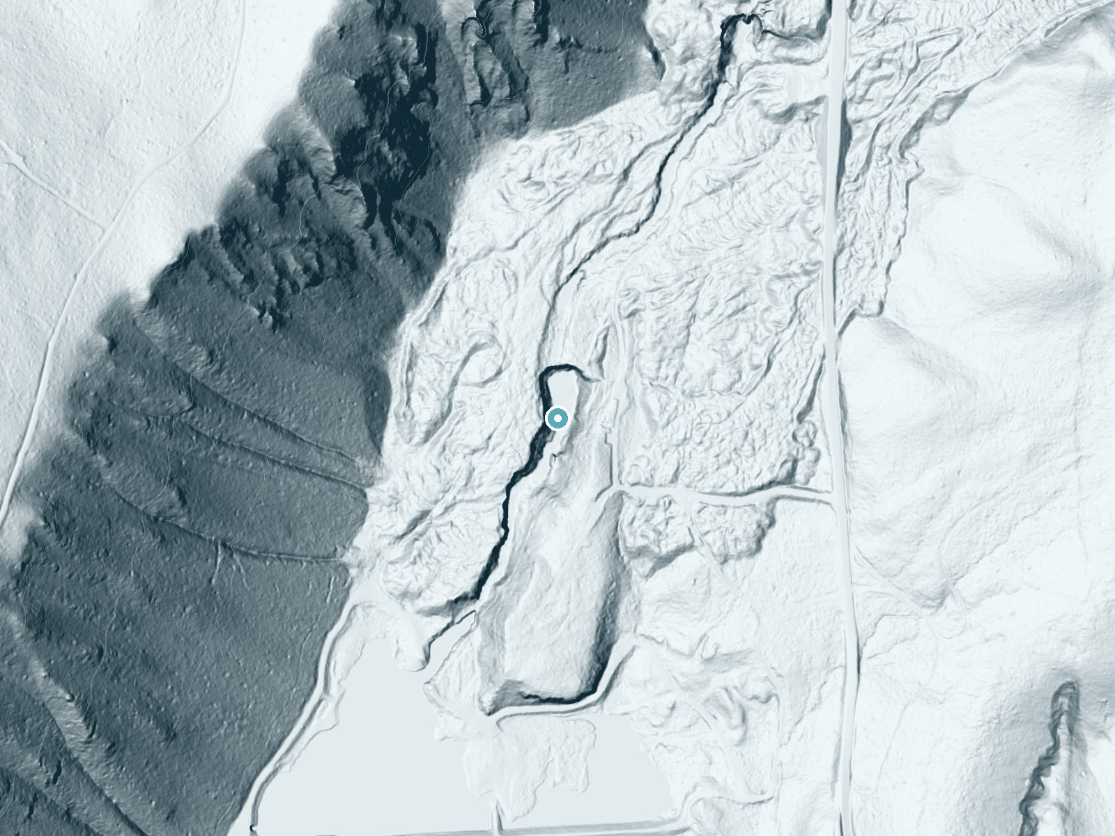 LiDAR bare-earth terrain around Koosah Falls near Black Butte Ranch, Oregon, showing about 127 feet of drop, a steep tiered drop, facing southwest