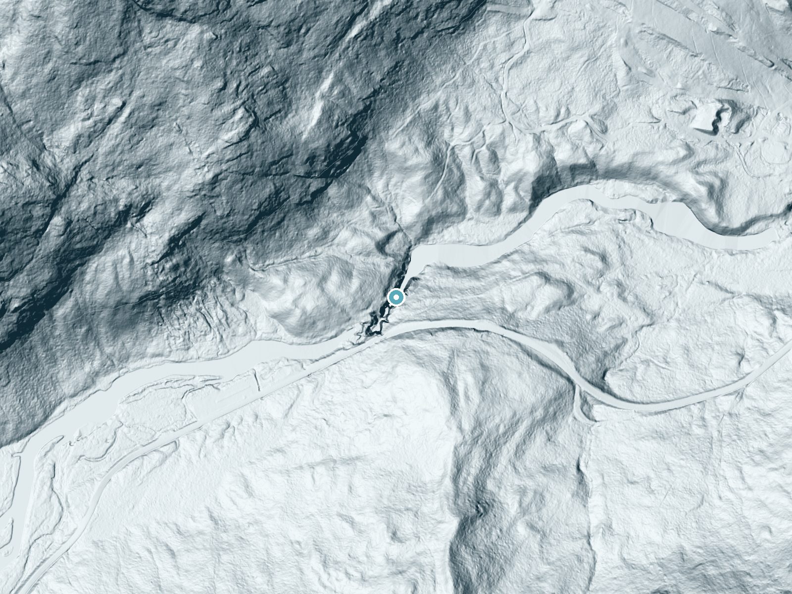 LiDAR bare-earth terrain around High Falls near Lake Placid, New York, showing about 126 feet of drop, a long cascade, facing northeast